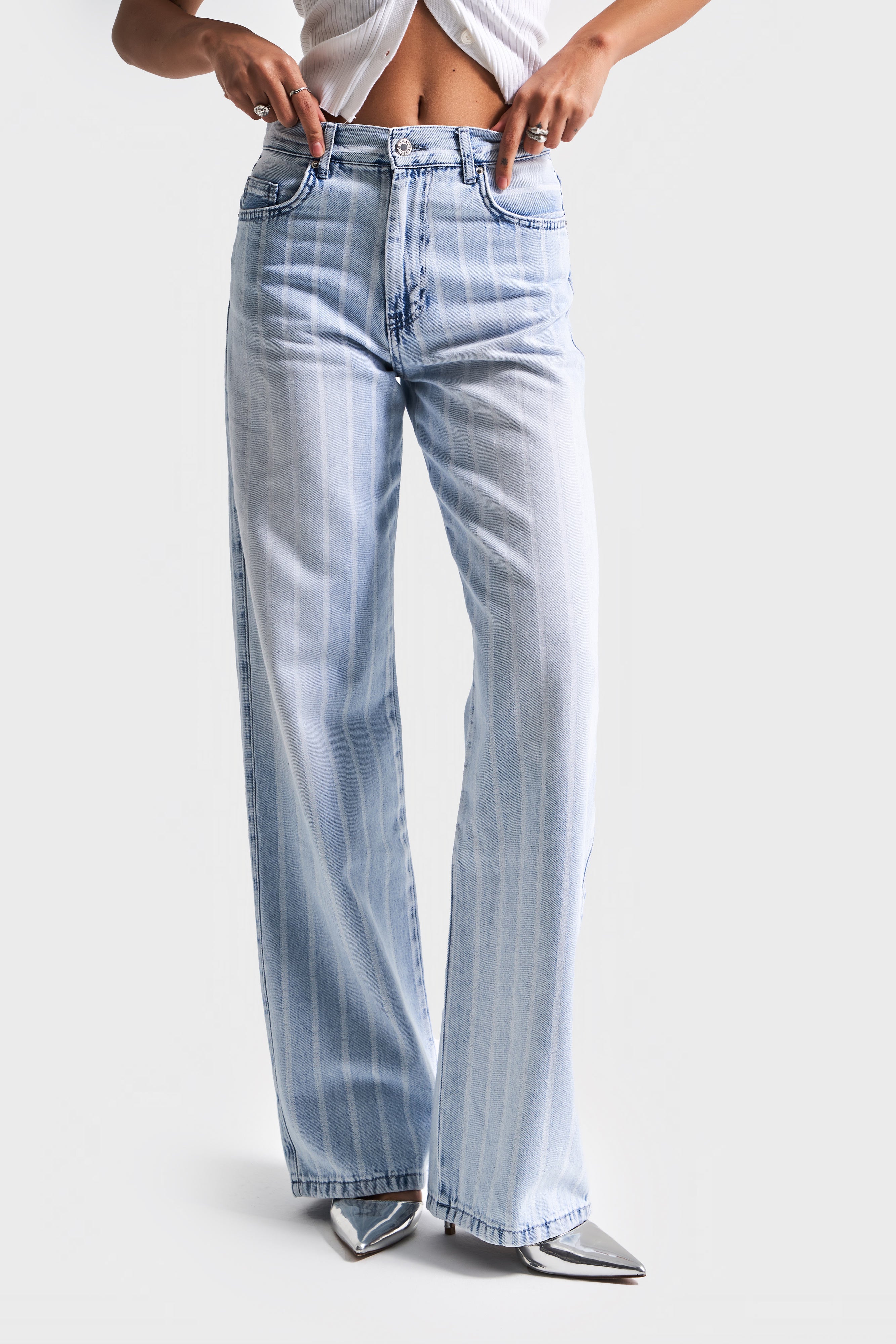 Kadın Kot Rengi 4s5-3 Çizgili Denim Kumaş %100 Koton Straıght Fit Yüksek Bel Denim Jean