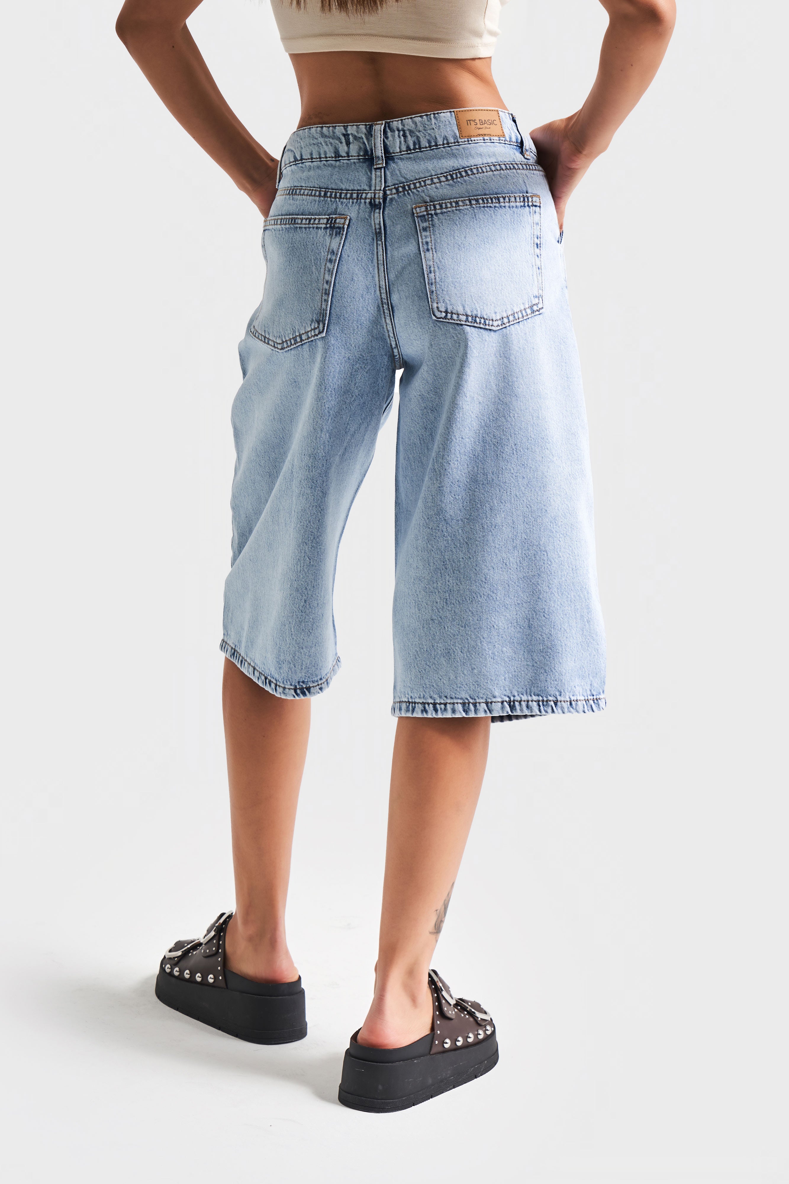 Kadın Kot Rengi 4s5-3 Maxi Boy %100 Koton Denim Bermuda Şort