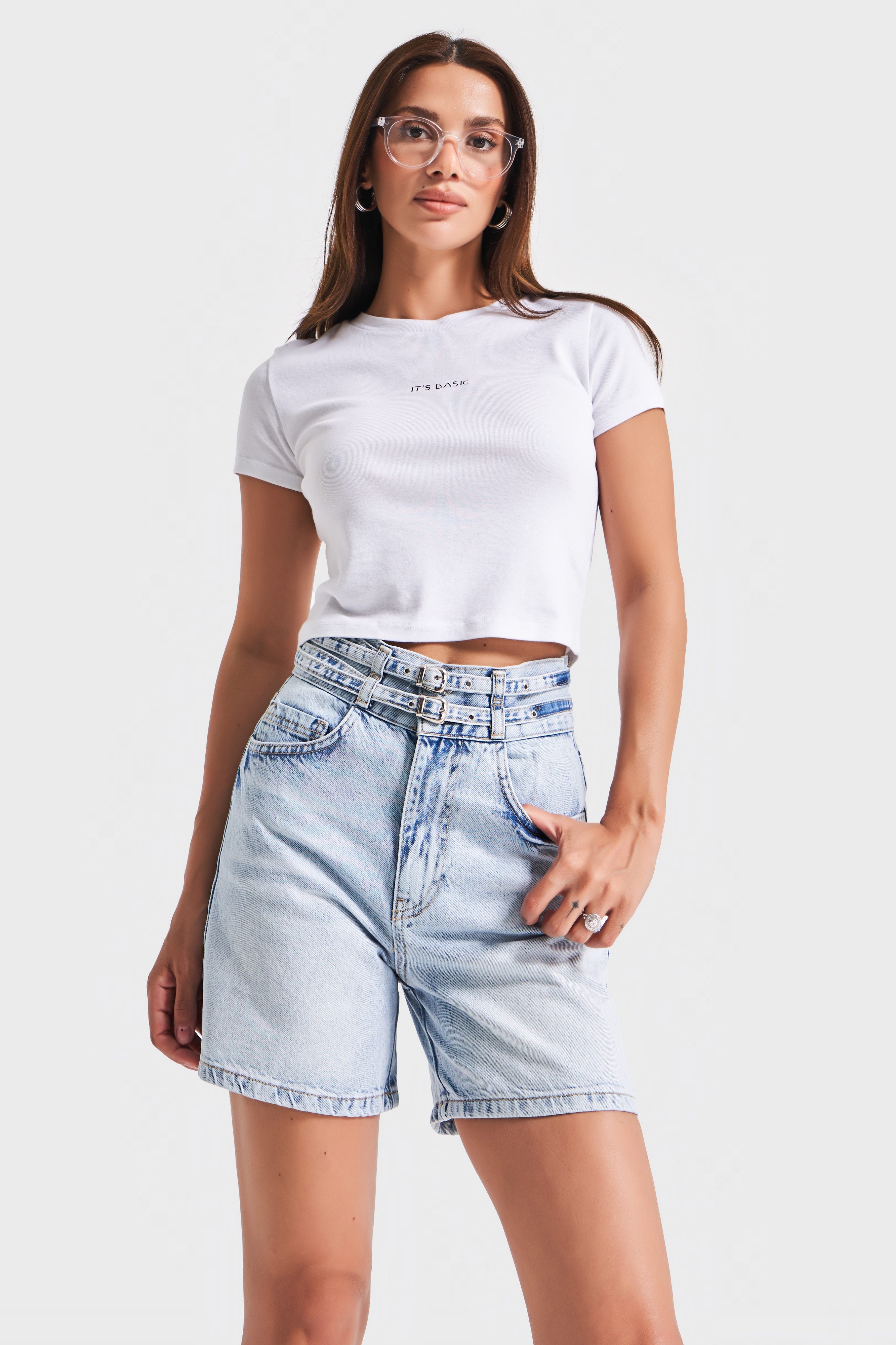 Kadın Kot Rengi 4s5-3 Midi Boy Çift Kemerli %100 Koton Tasarım Denim Şort