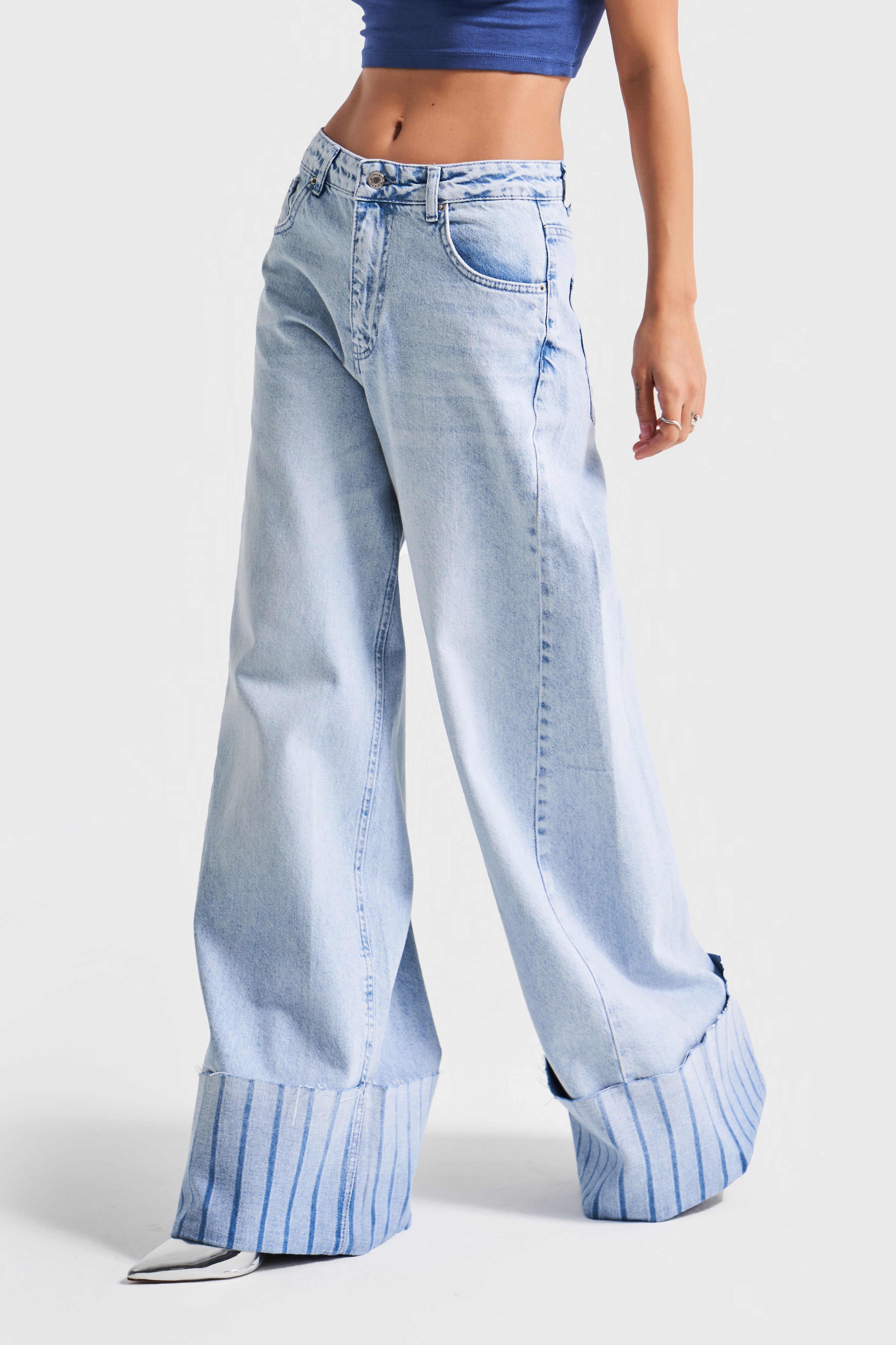 Kadın Kot Rengi 4s5-3 Palazzo Fit Paça Detaylı %100 Koton Orta Bel Tasarım Denim Jean