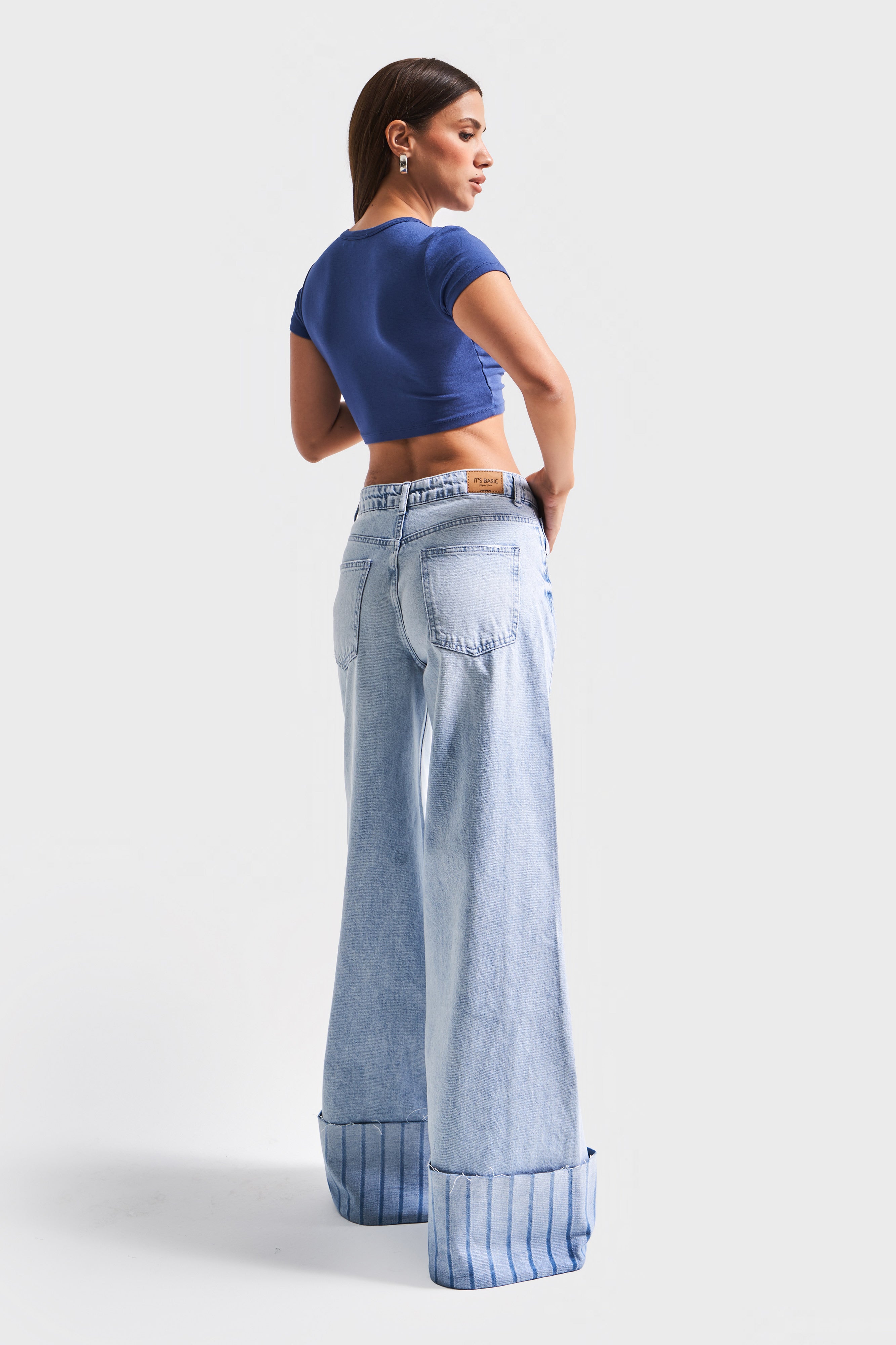 Kadın Kot Rengi 4s5-3 Palazzo Fit Paça Detaylı %100 Koton Orta Bel Tasarım Denim Jean