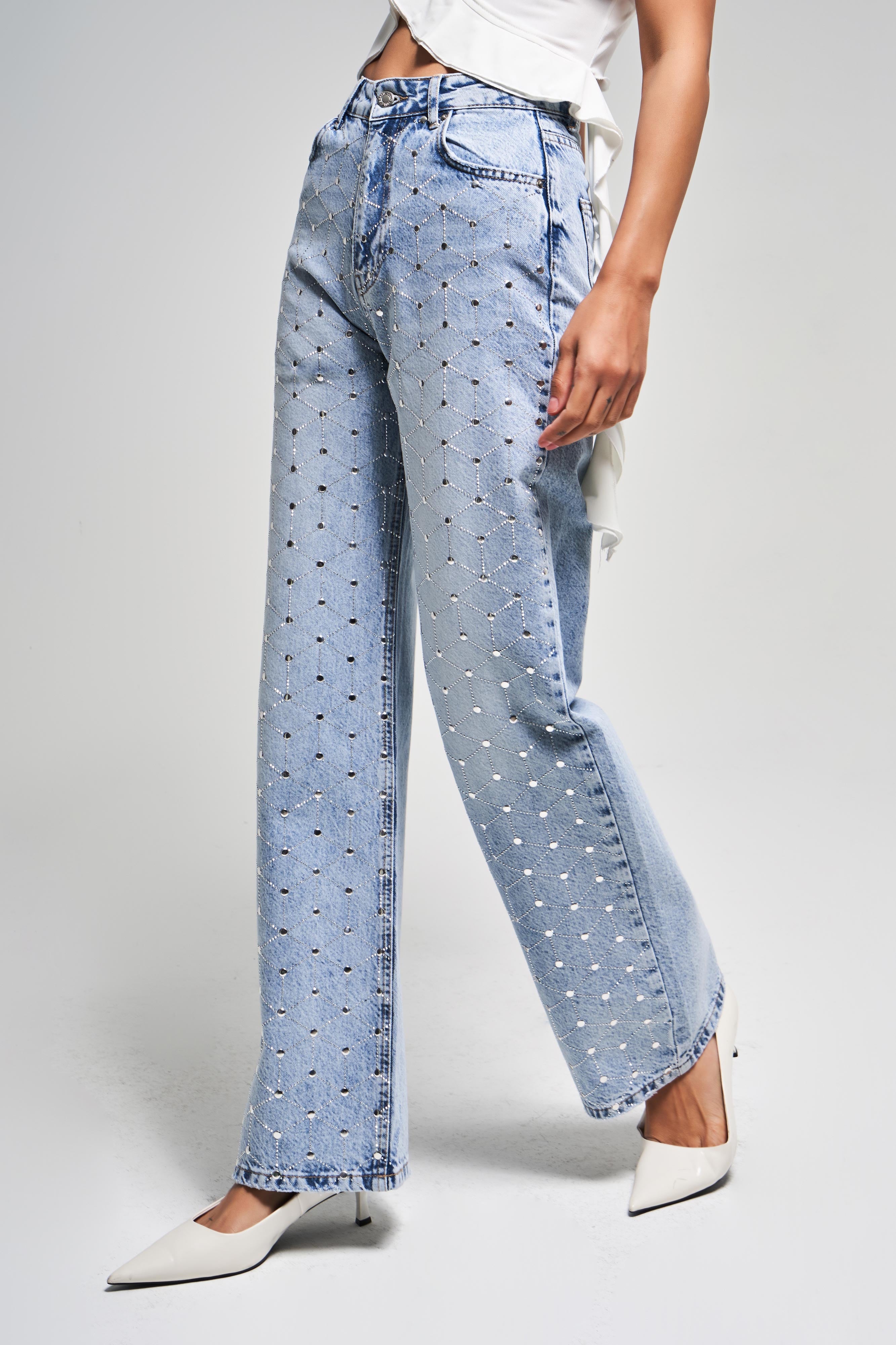 Kadın kot Rengi 4s5-3 Parlak Simetrik Taşlı Straight Fit Yüksek Bel Tasarım Denim Jean