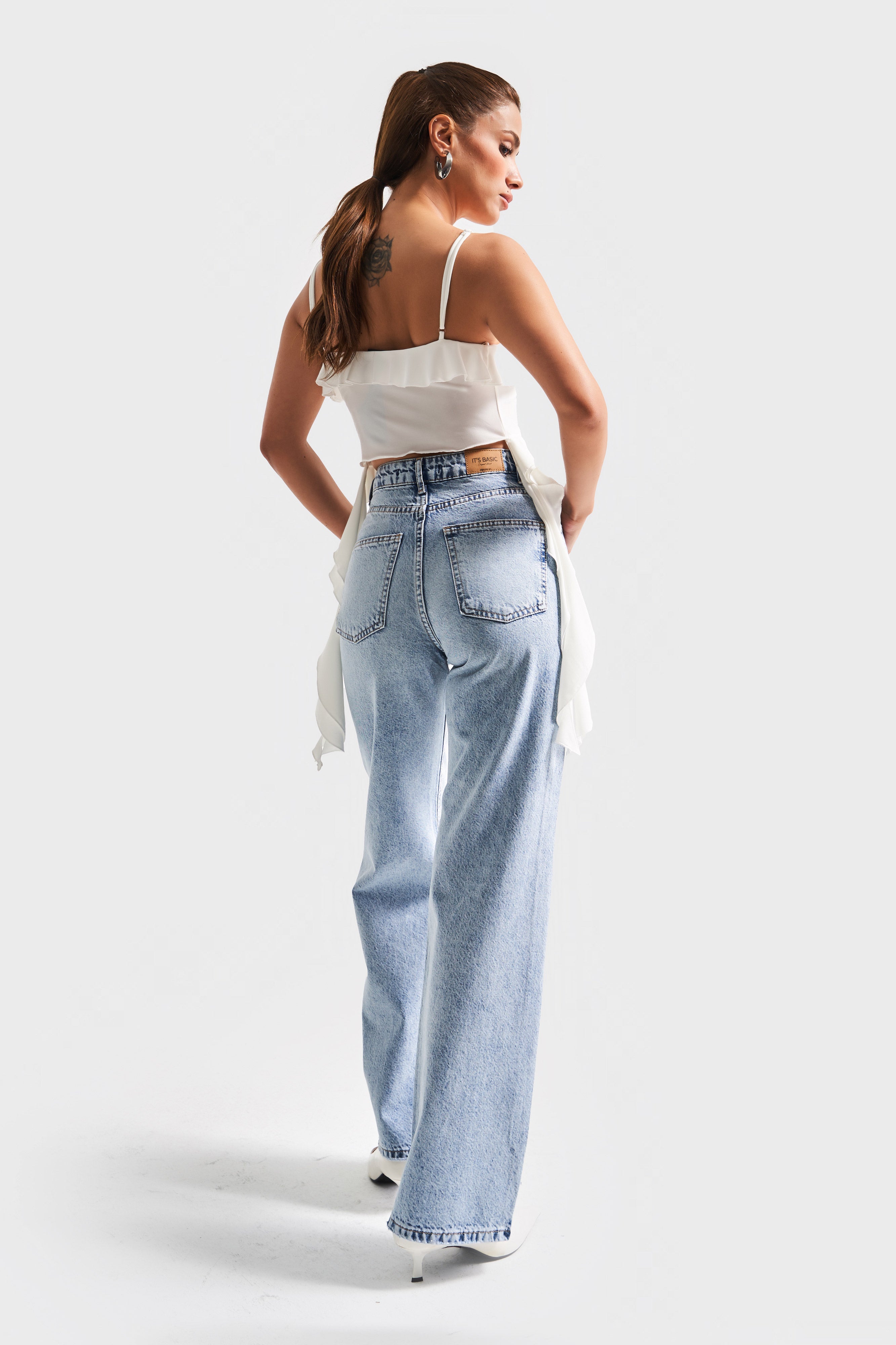 Kadın kot Rengi 4s5-3 Parlak Simetrik Taşlı Straight Fit Yüksek Bel Tasarım Denim Jean