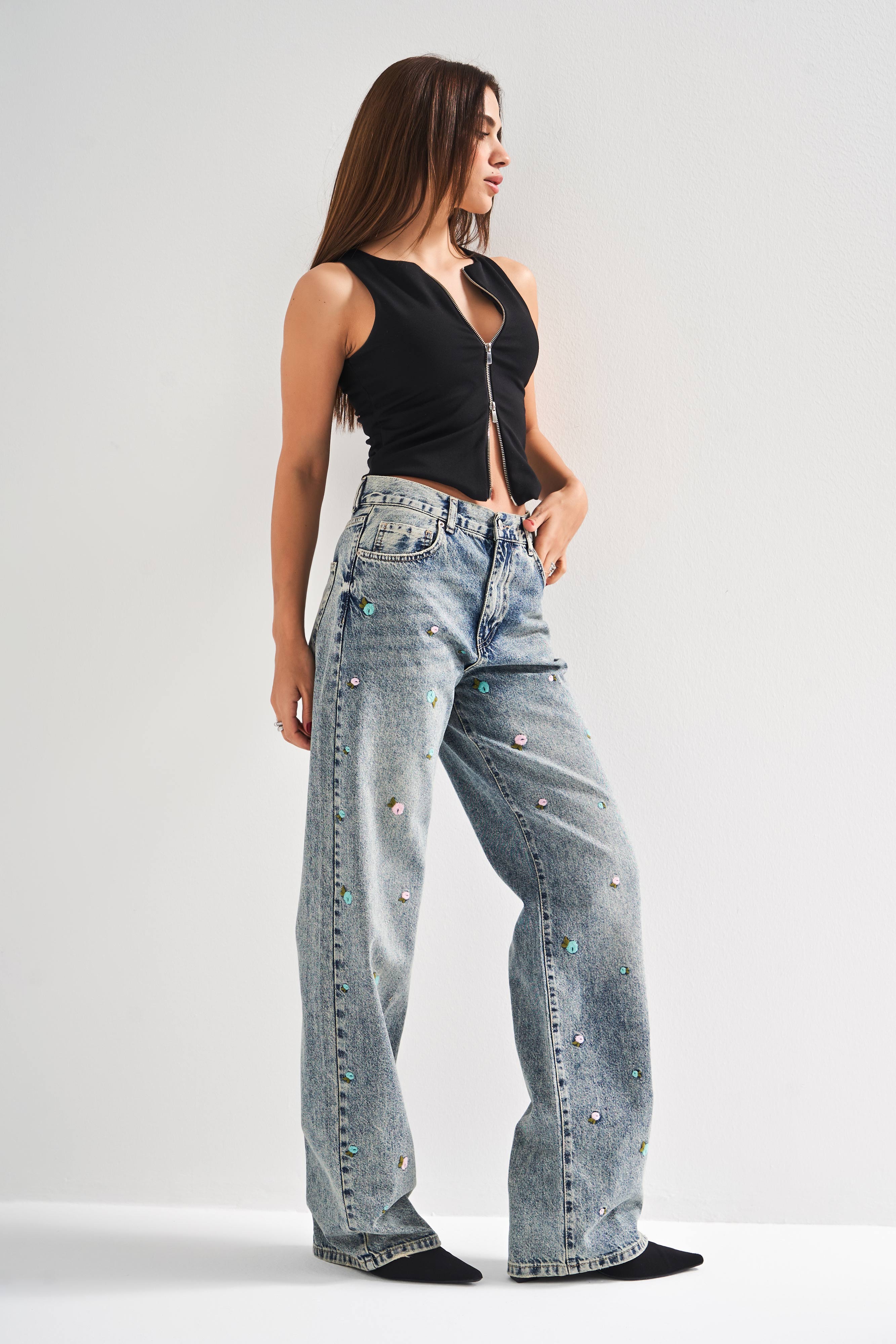 Kadın Kot Rengi 4S5-65 Çiçek Nakışlı Loose Fit Orta Bel %100 Koton Denim Jean