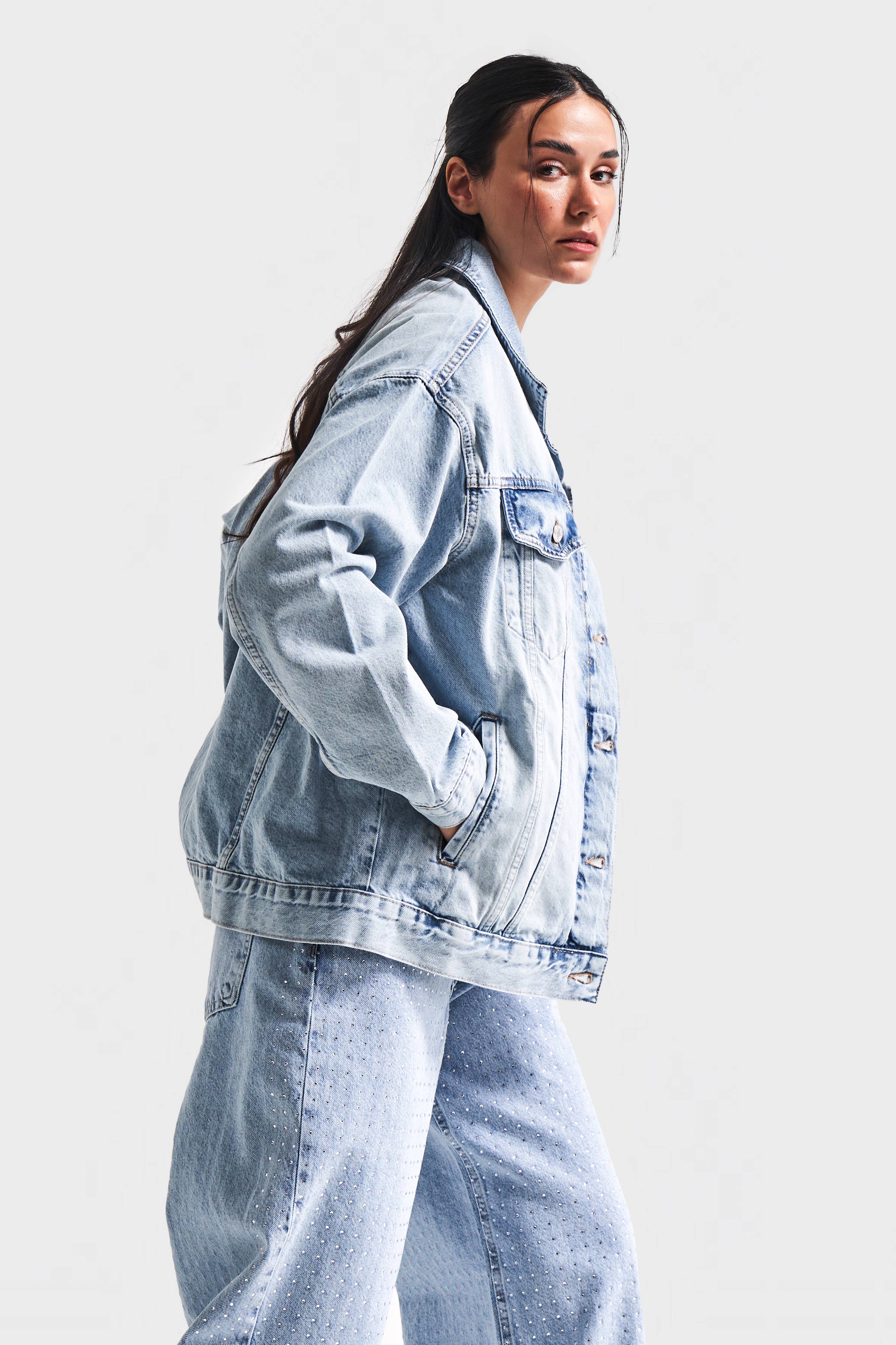 Kadın Kot Rengi 4S5-84 Taş Detaylı Oversize Bol Kesim %100 Koton Tasarım Denim Ceket