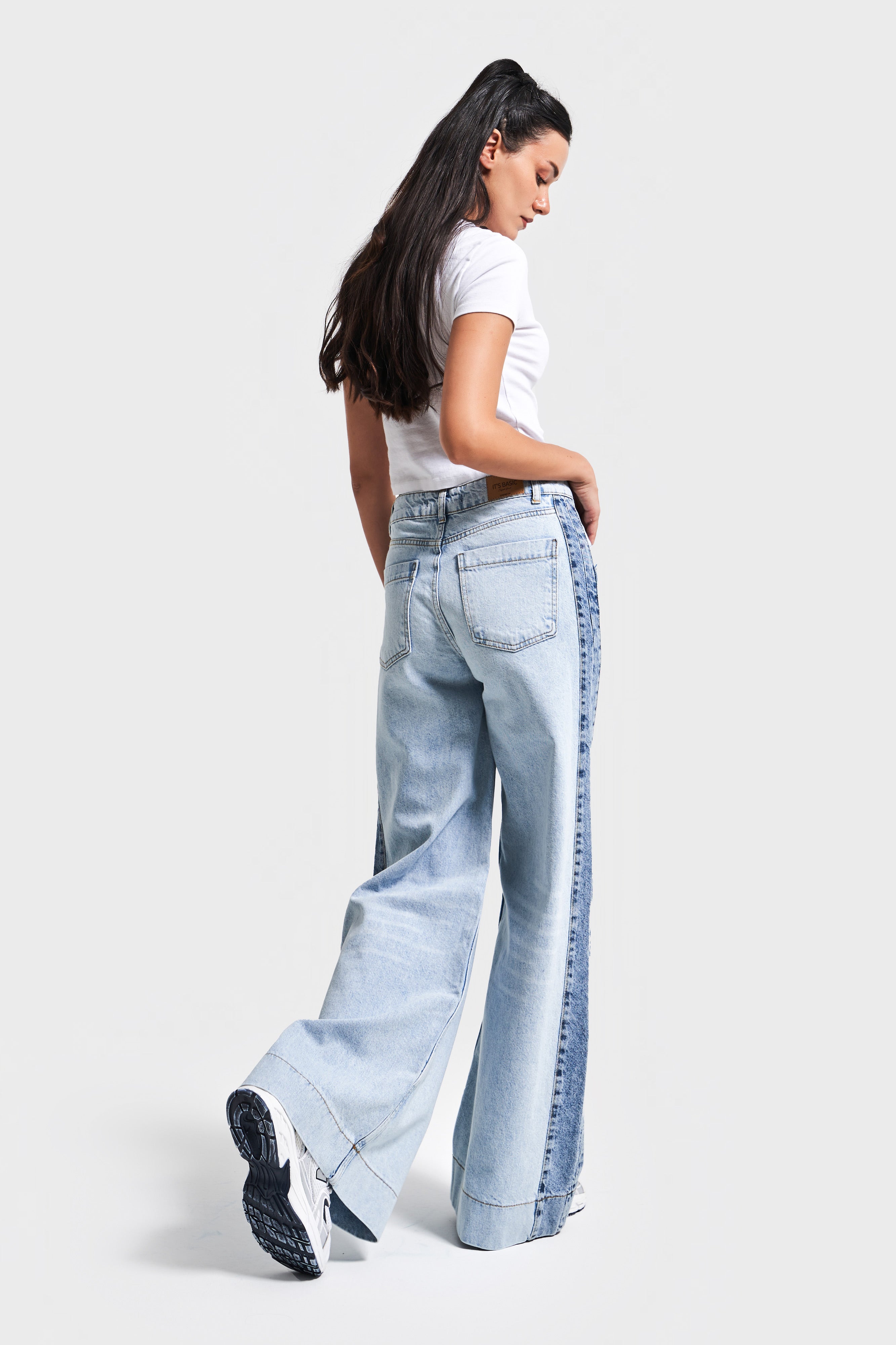 Kadın Kot Rengi 4s5-99 Long Wide Leg Fit Çift Renk Bol Kesim %100 Koton Tasarım Denim Jean