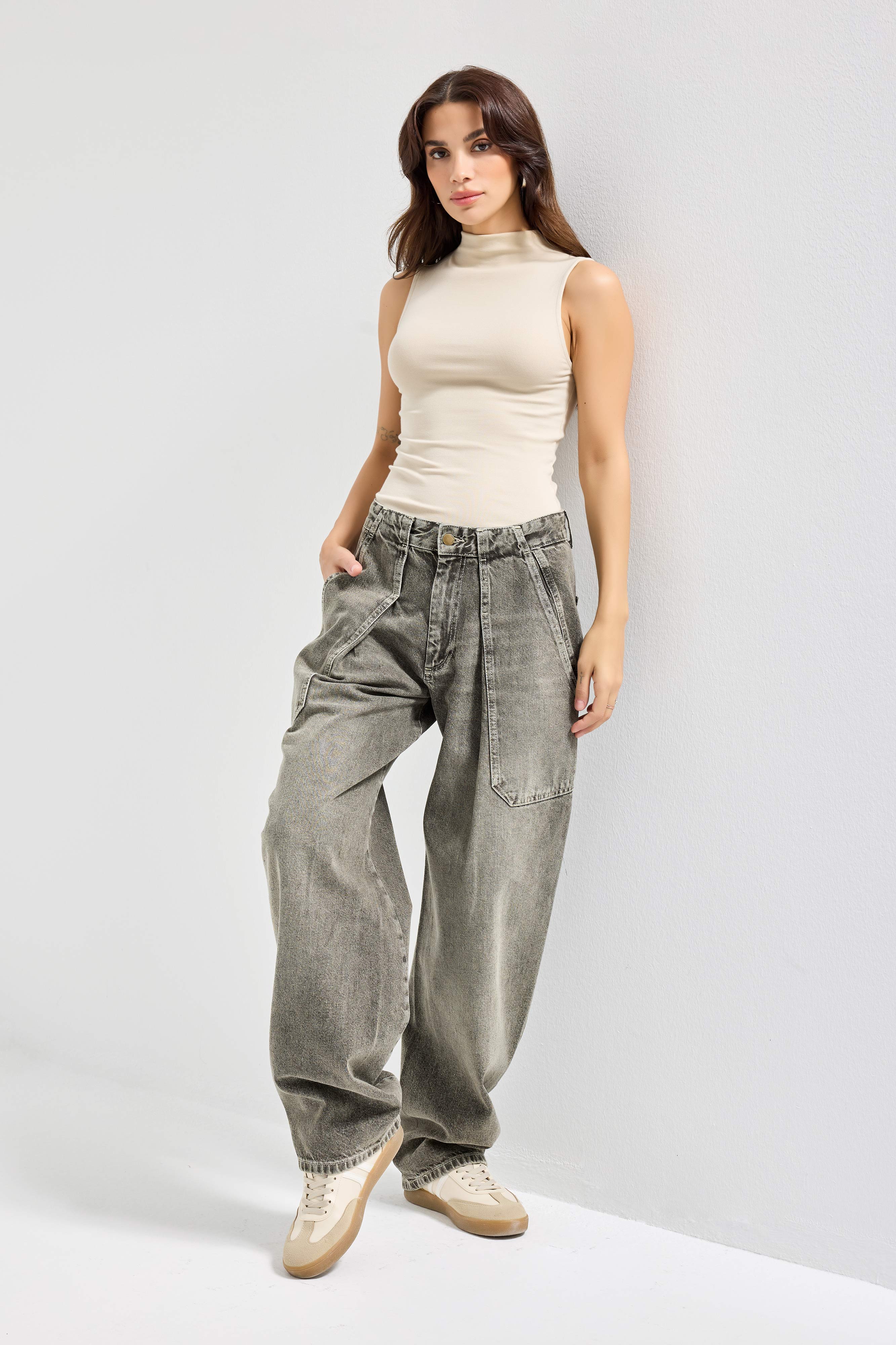 Kadın Kot Rengi 4s6-133 Ballon Baggy Fit %100 Koton Yandan Cepli Denim Jean