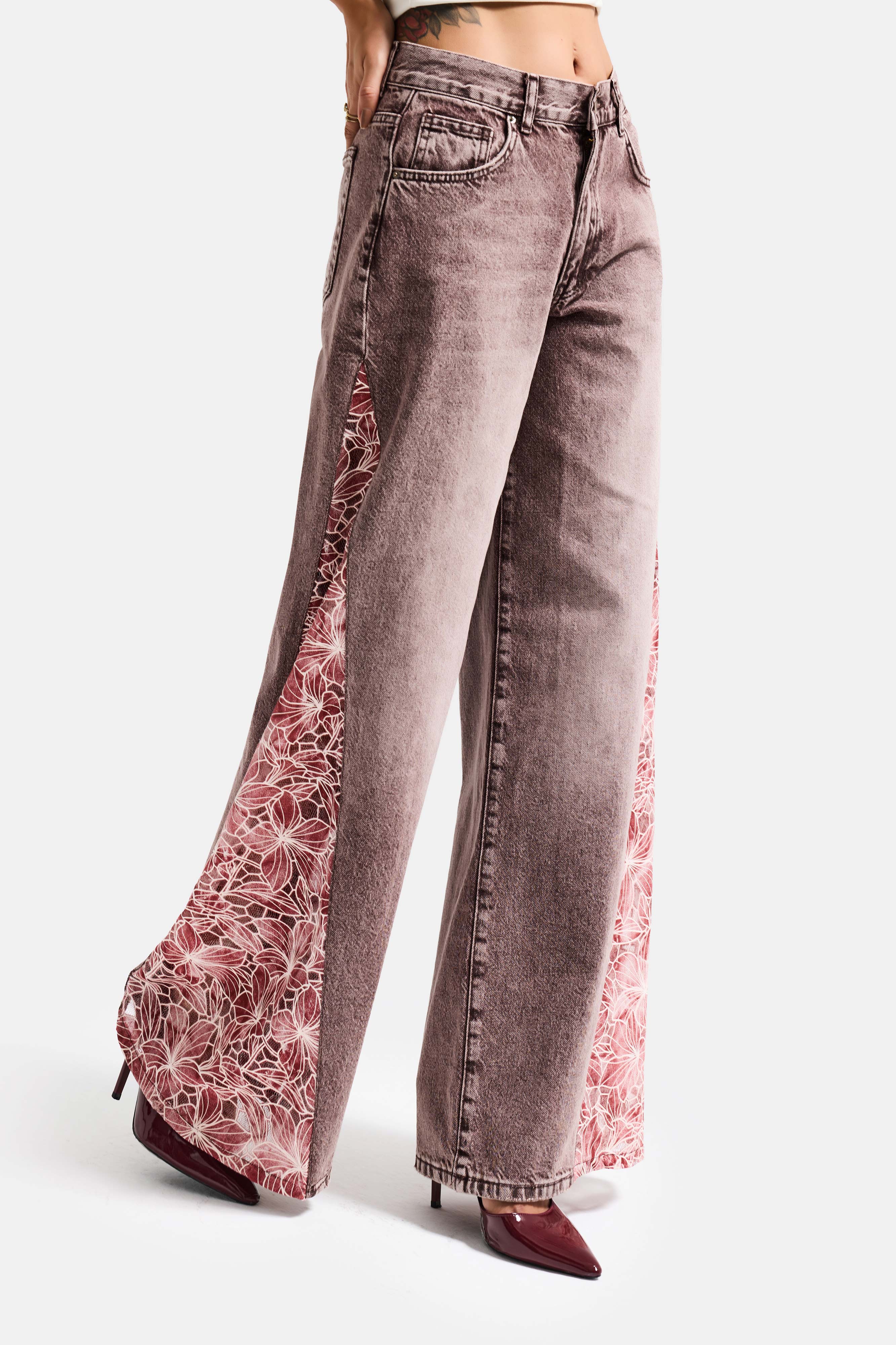 Kadın Kot Rengi 4s6-157 Palazzo Fit Gül Dantel Detaylı Özel Tasarım Denim Jean