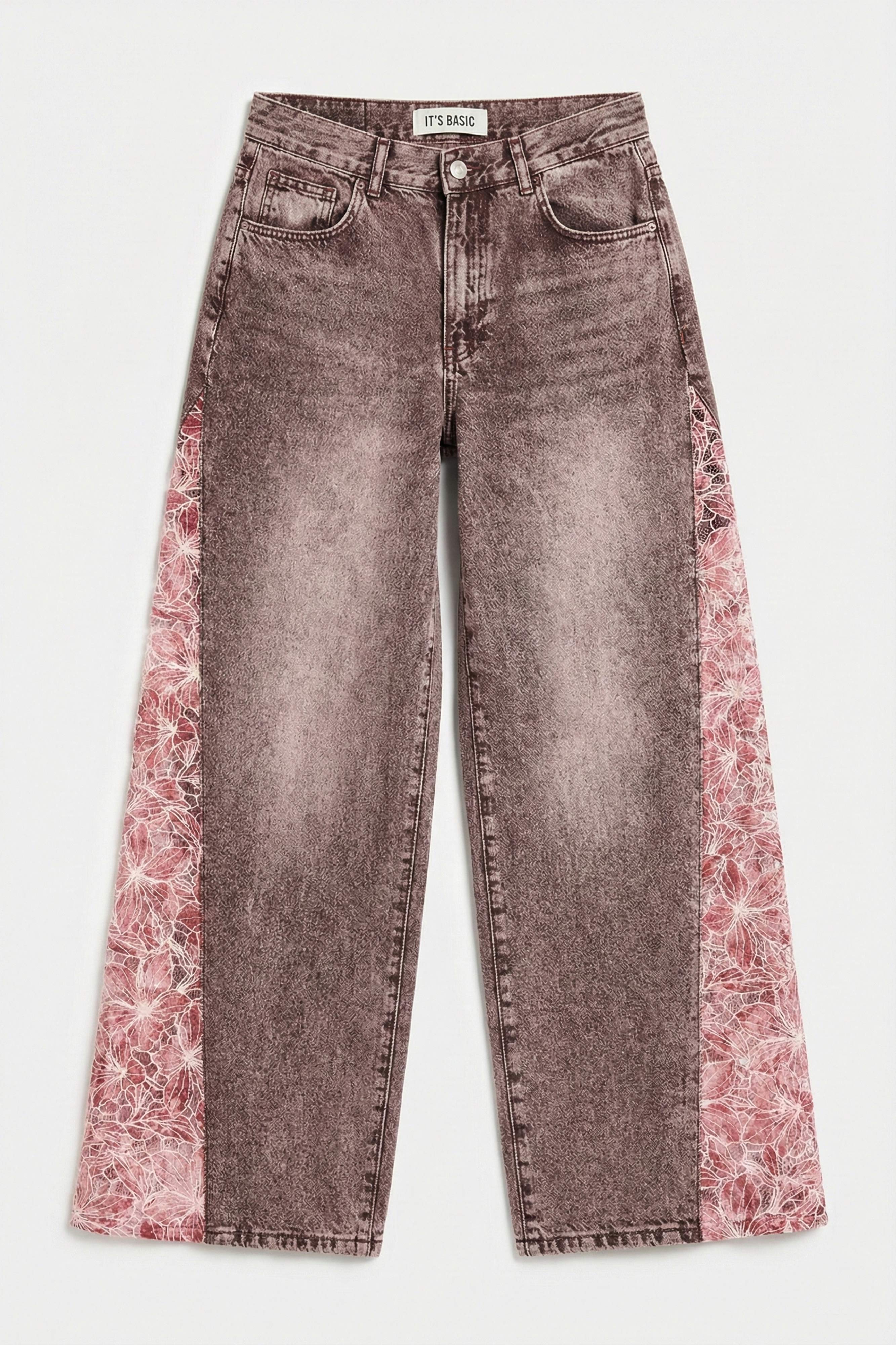 Kadın Kot Rengi 4s6-157 Palazzo Fit Gül Dantel Detaylı Özel Tasarım Denim Jean