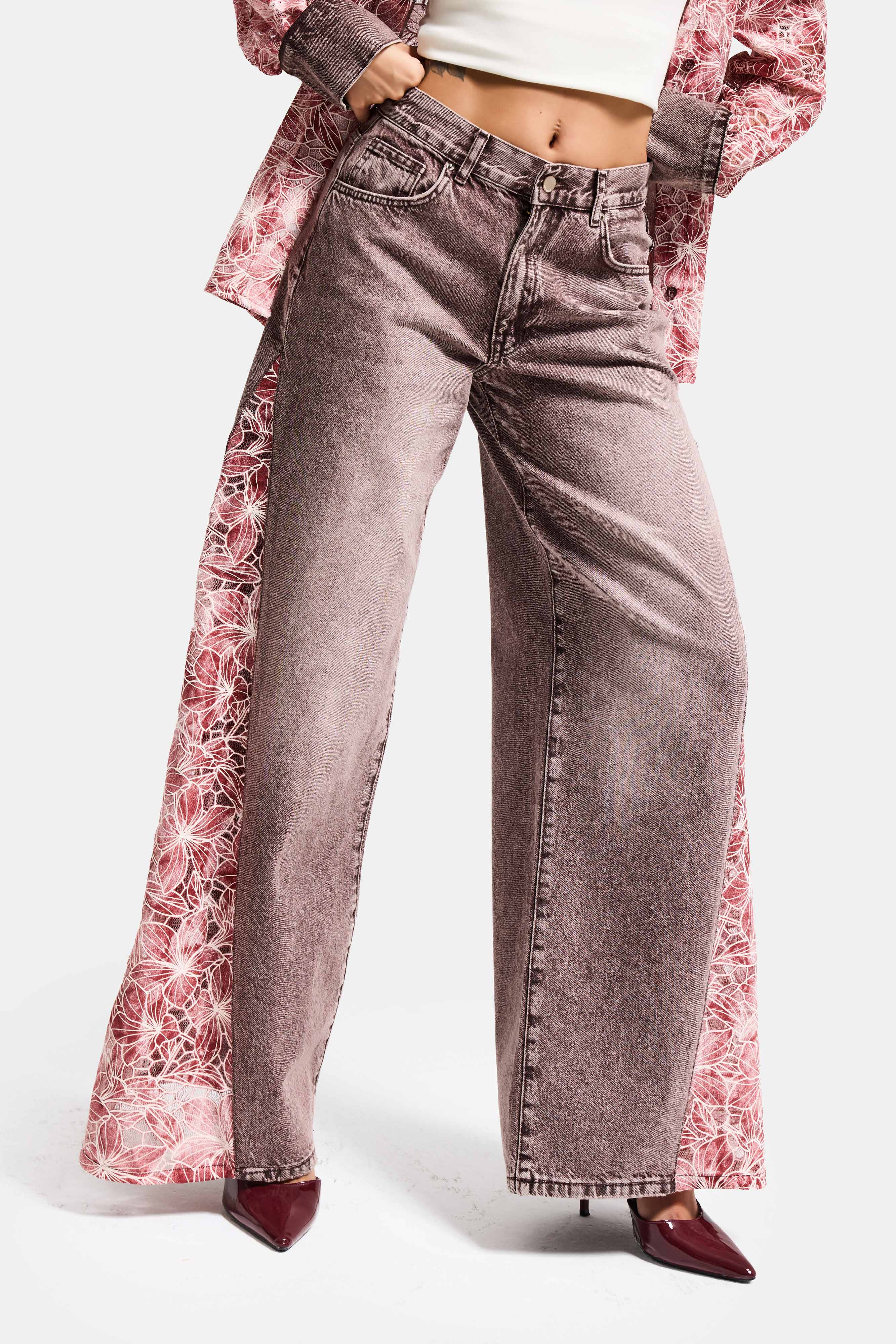 Kadın Kot Rengi 4s6-157 Palazzo Fit Gül Dantel Detaylı Özel Tasarım Denim Jean