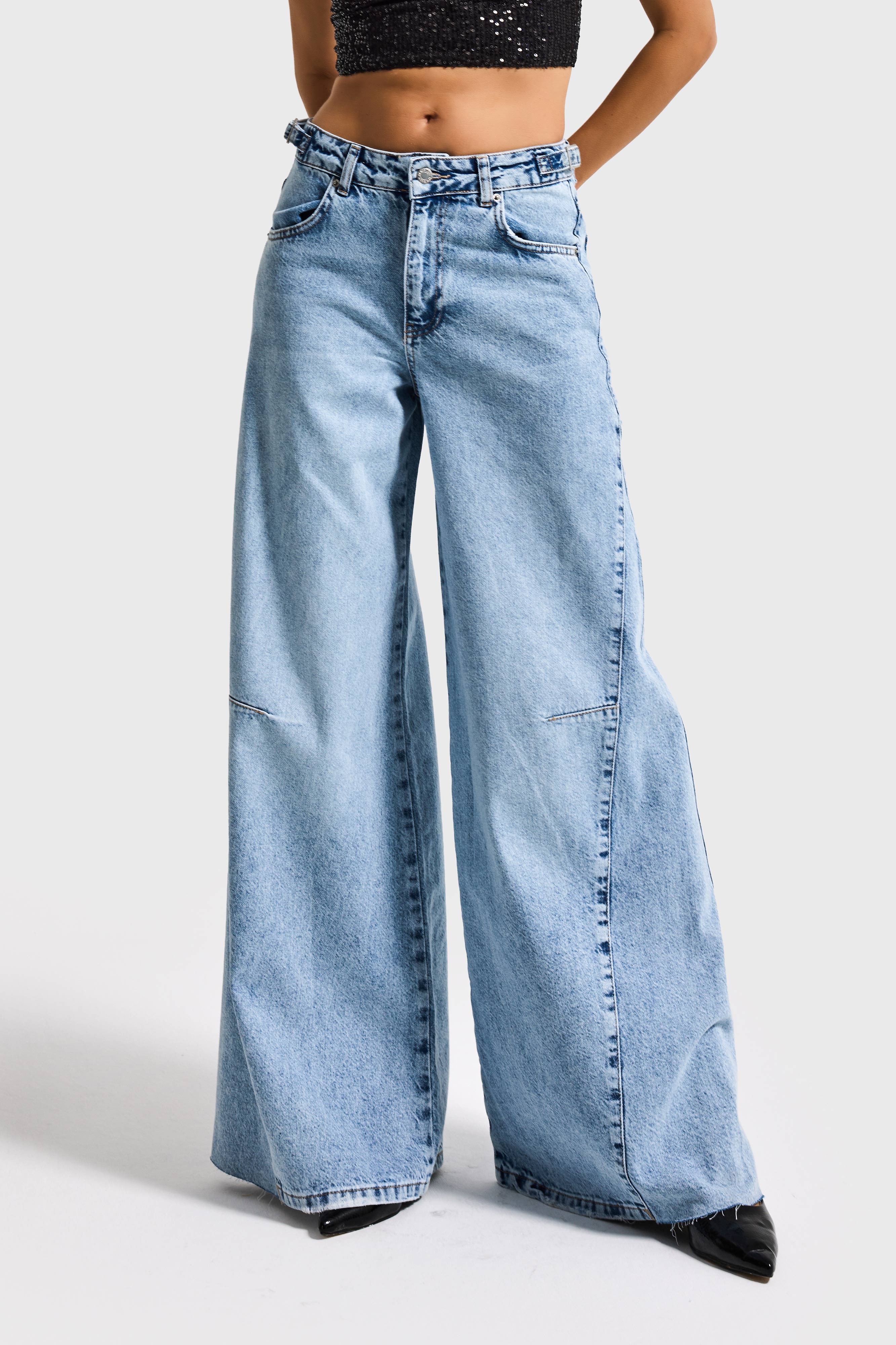 Kadın Kot Rengi 4s6-3 Baggy Palazzo Fit Kemer Detaylı %100 Koton Denim Jean