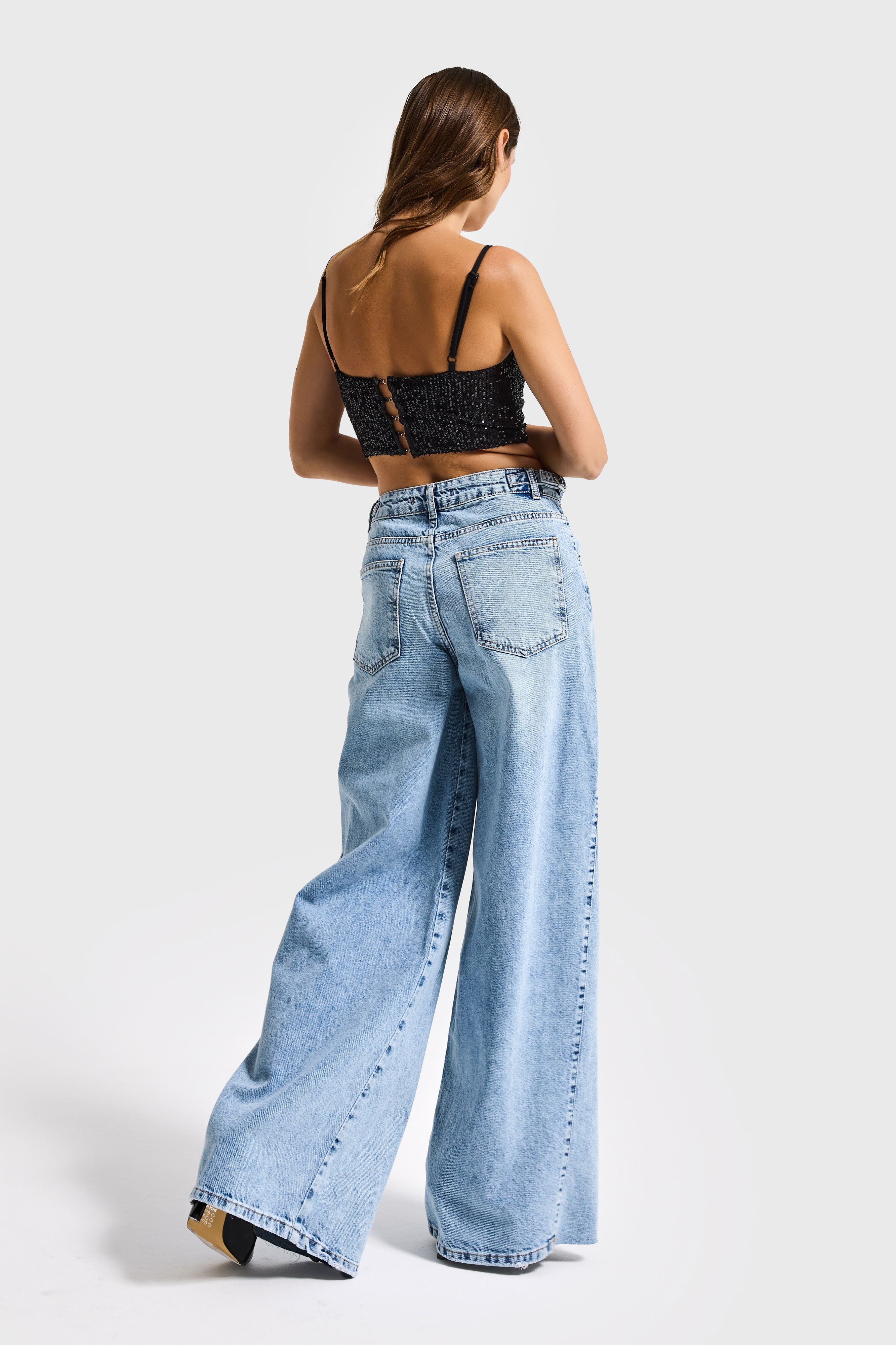 Kadın Kot Rengi 4s6-3 Baggy Palazzo Fit Kemer Detaylı %100 Koton Denim Jean