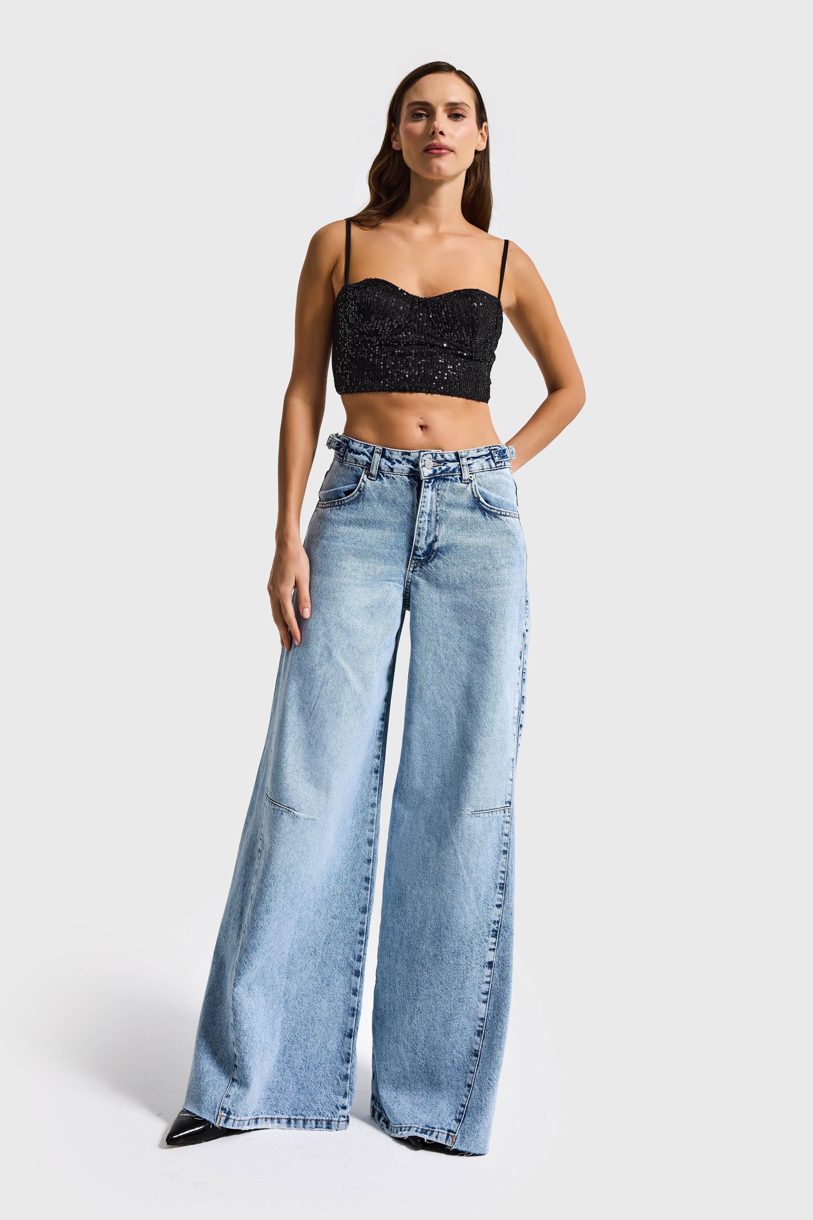 Kadın Kot Rengi 4s6-3 Baggy Palazzo Fit Kemer Detaylı %100 Koton Denim Jean