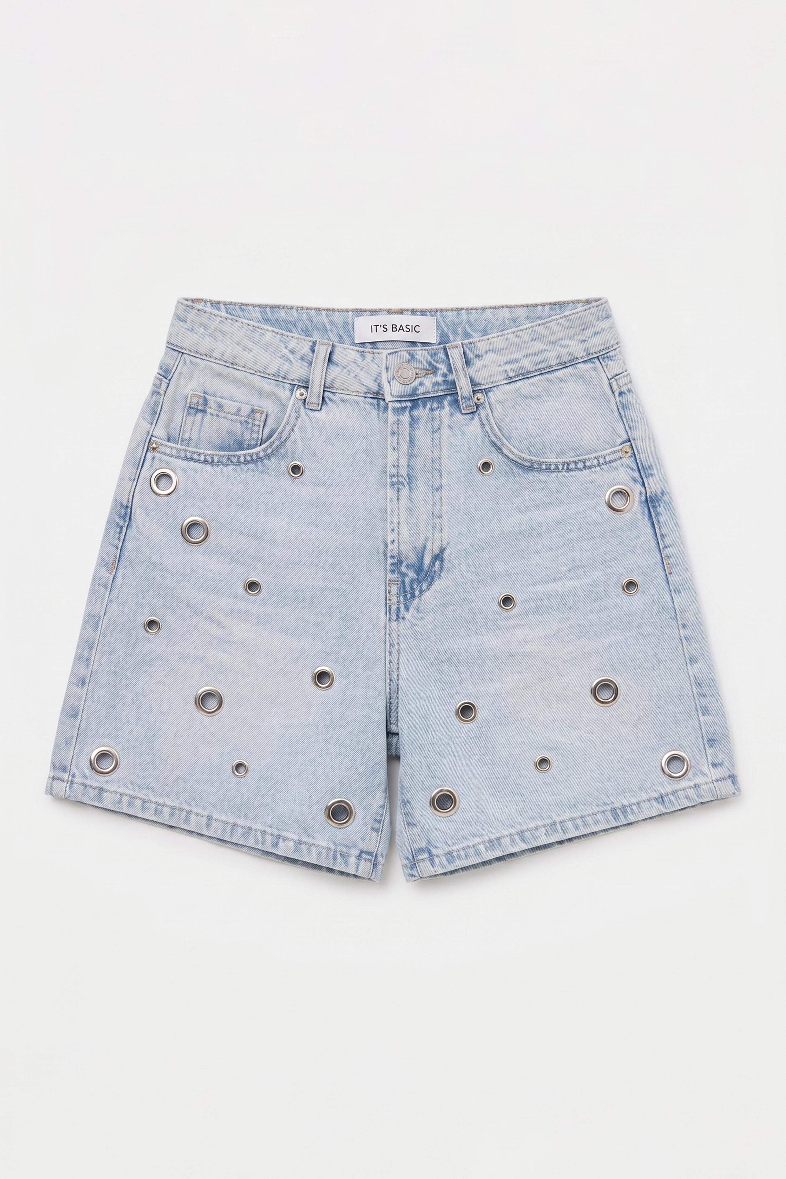 Kadın Kot Rengi 4s6-3 Relax Mom Kuş Gözü Detaylı Tasarım Denim Şort