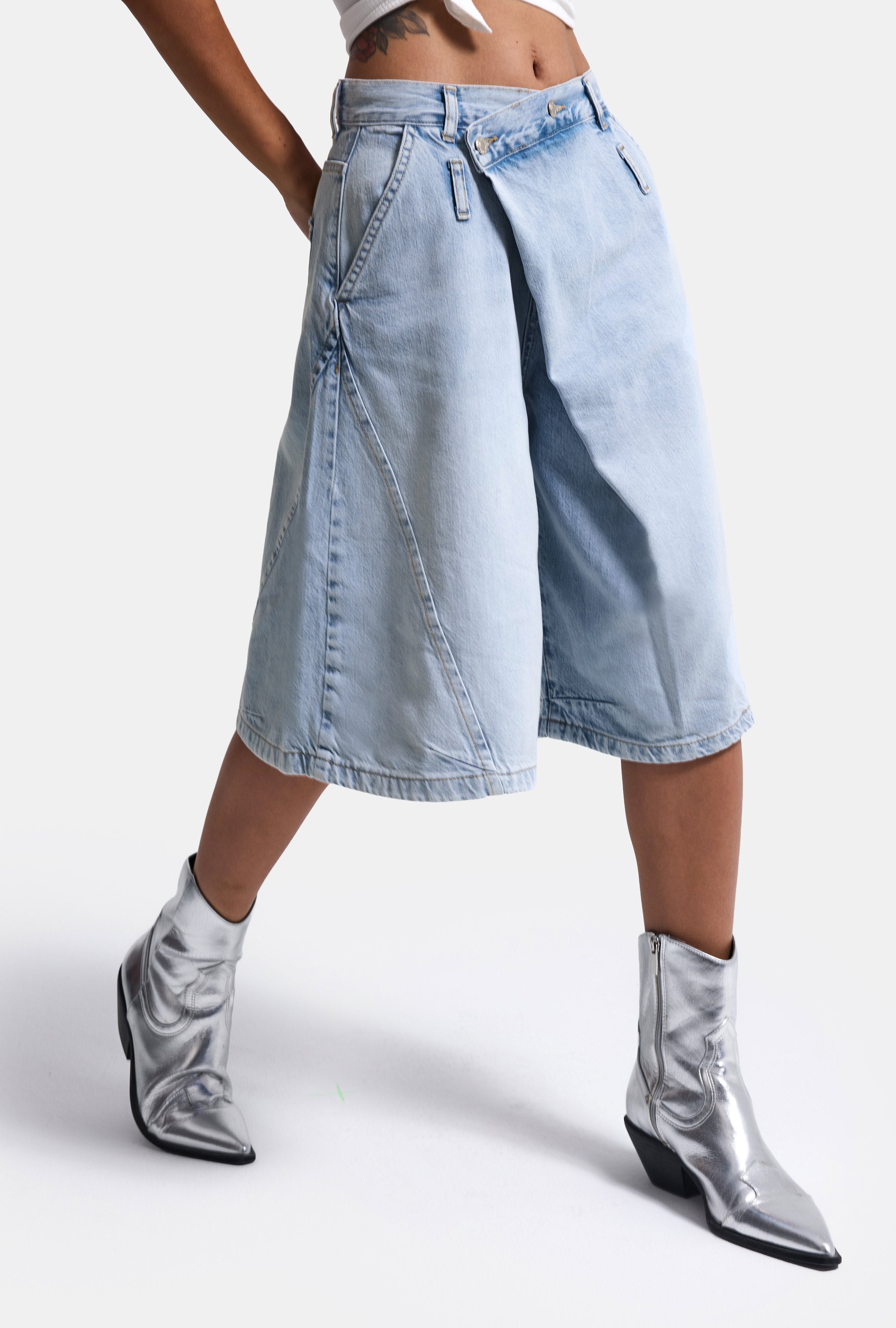 Kadın Kot Rengi 4s6-3 Süper Baggy Fit Maxi Bermuda Tasarım Denim Jort