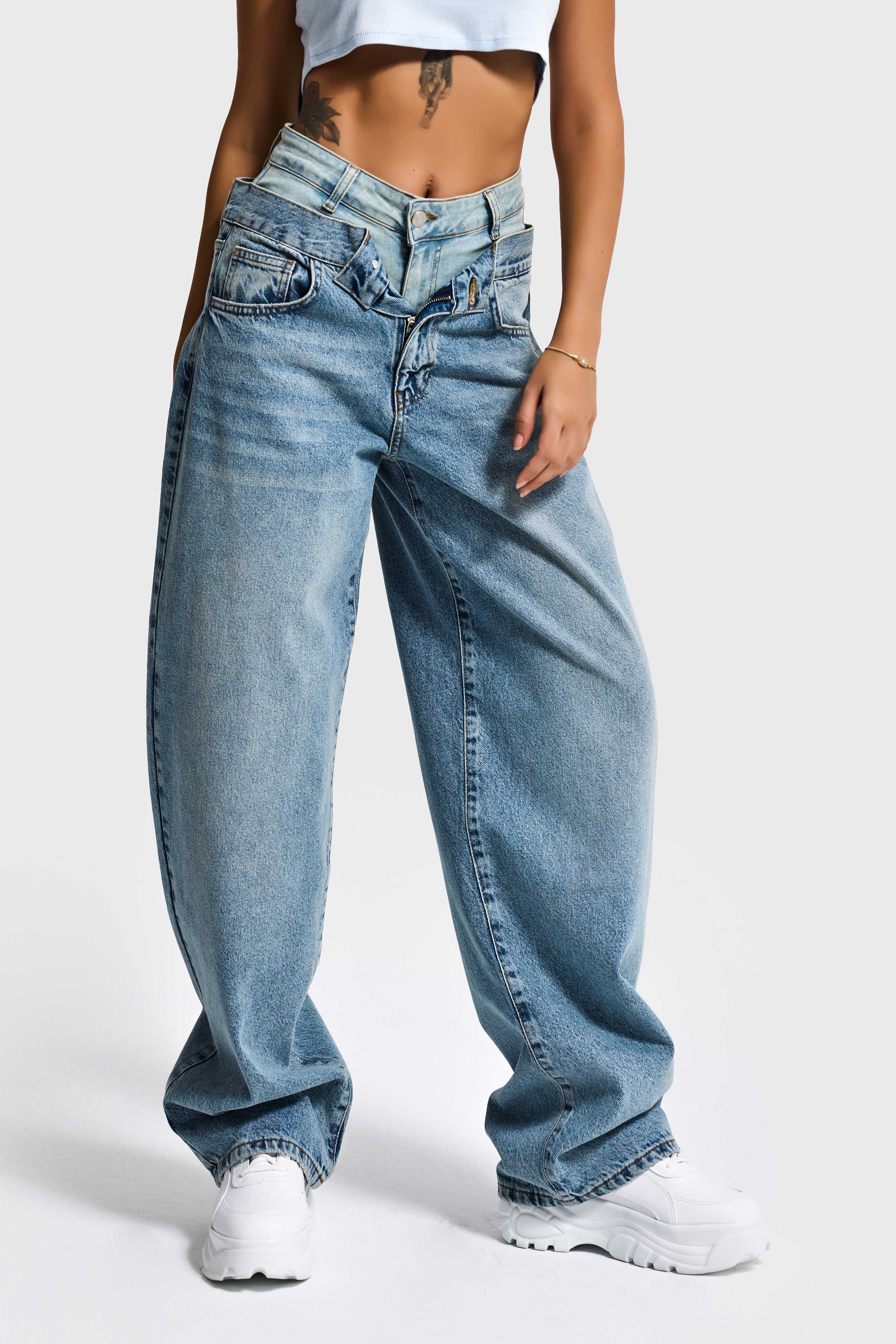 Kadın Kot Rengi 4s6-32 Barrel Fit Bol Kesim Çift Kemer Detaylı Tasarım Denim Jean