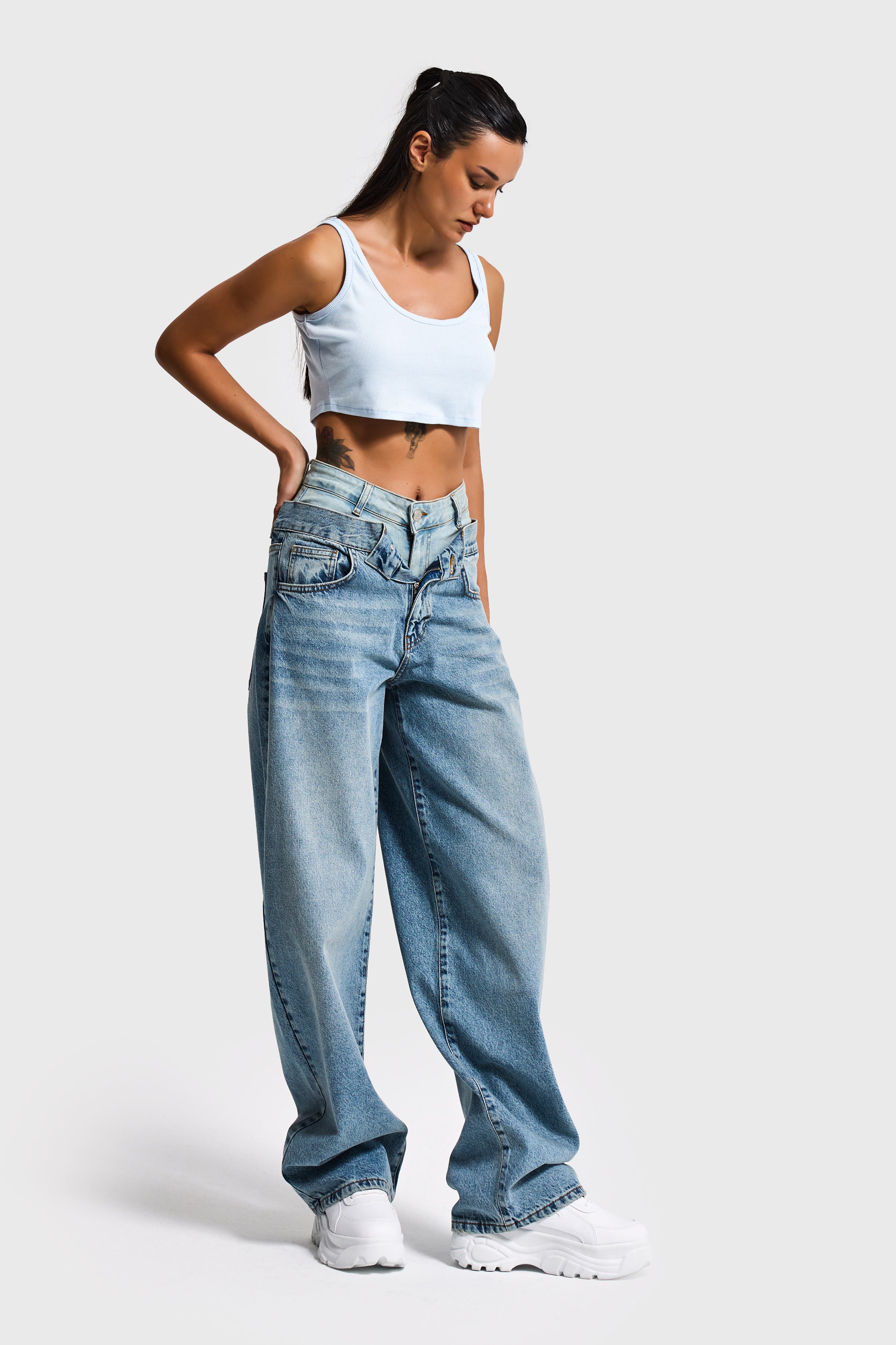 Kadın Kot Rengi 4s6-32 Barrel Fit Bol Kesim Çift Kemer Detaylı Tasarım Denim Jean