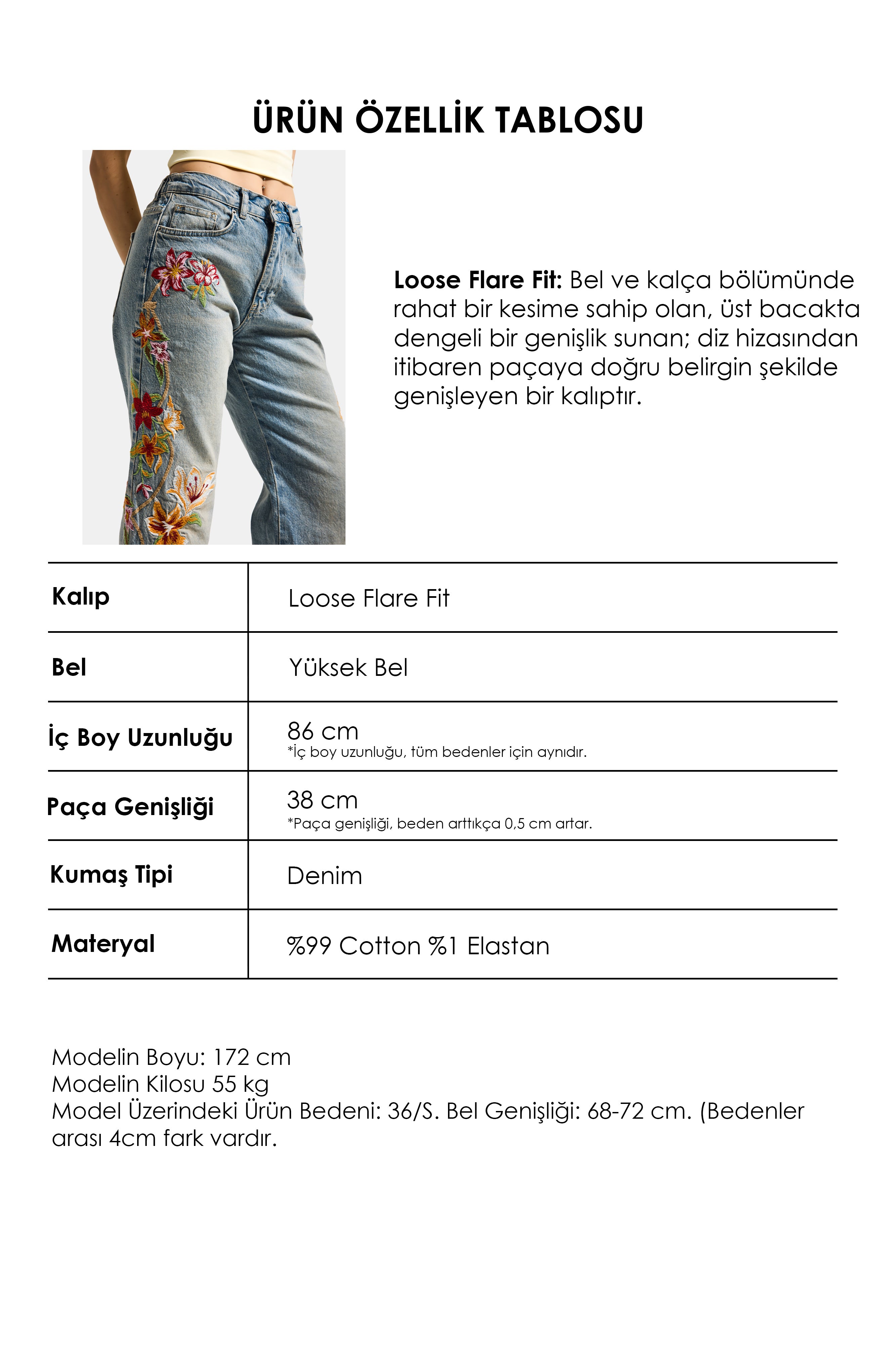 Kadın Kot Rengi 4s6-32 Flare Fit Beli Lastikli Özel Çiçek Desen Nakışlı Tasarım Denim Jean