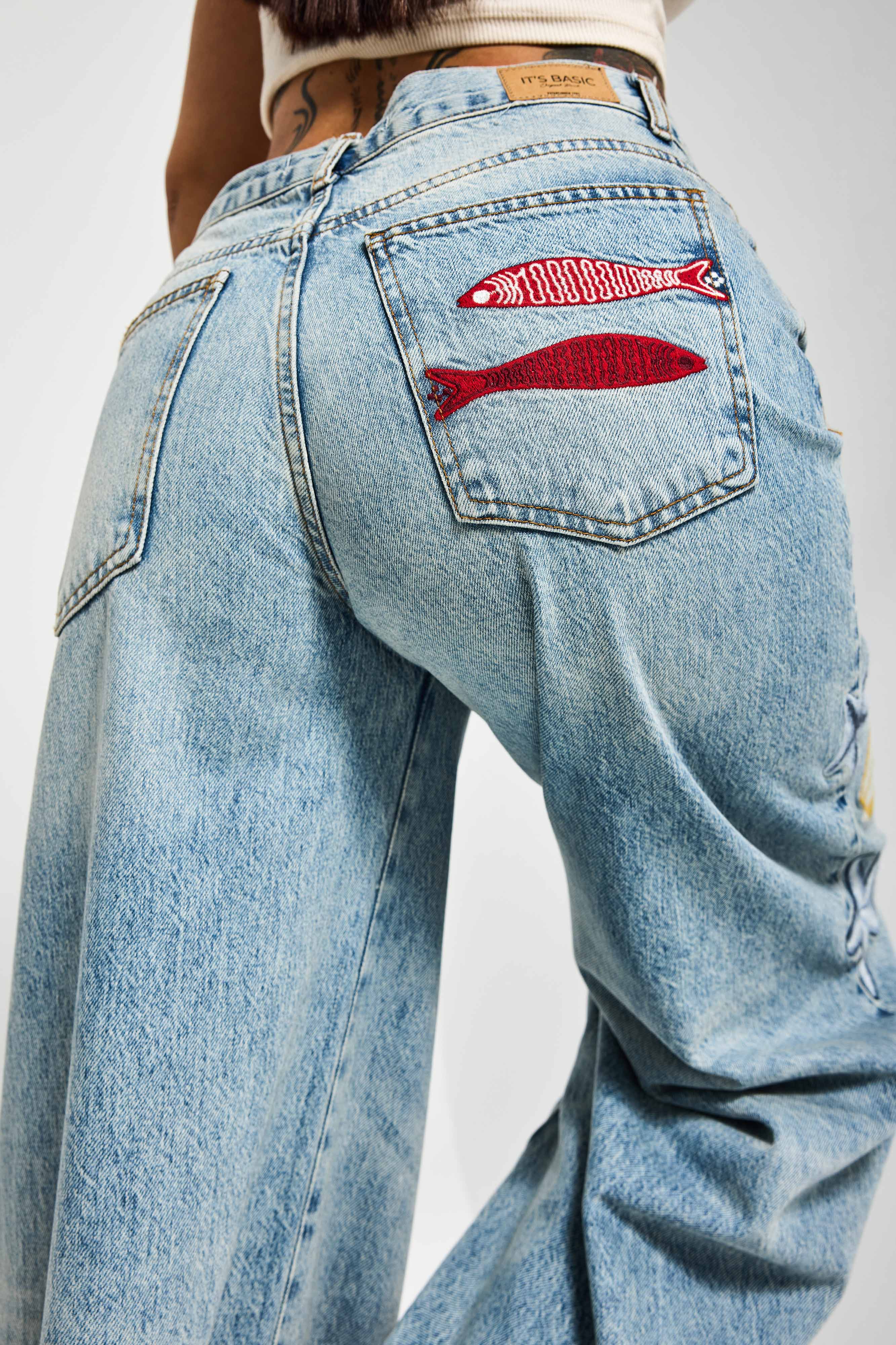 Kadın Kot Rengi 4s6-32 Palazzo Fit Deniz Dünyası Nakışlı Özel Tasarım Denim Jean