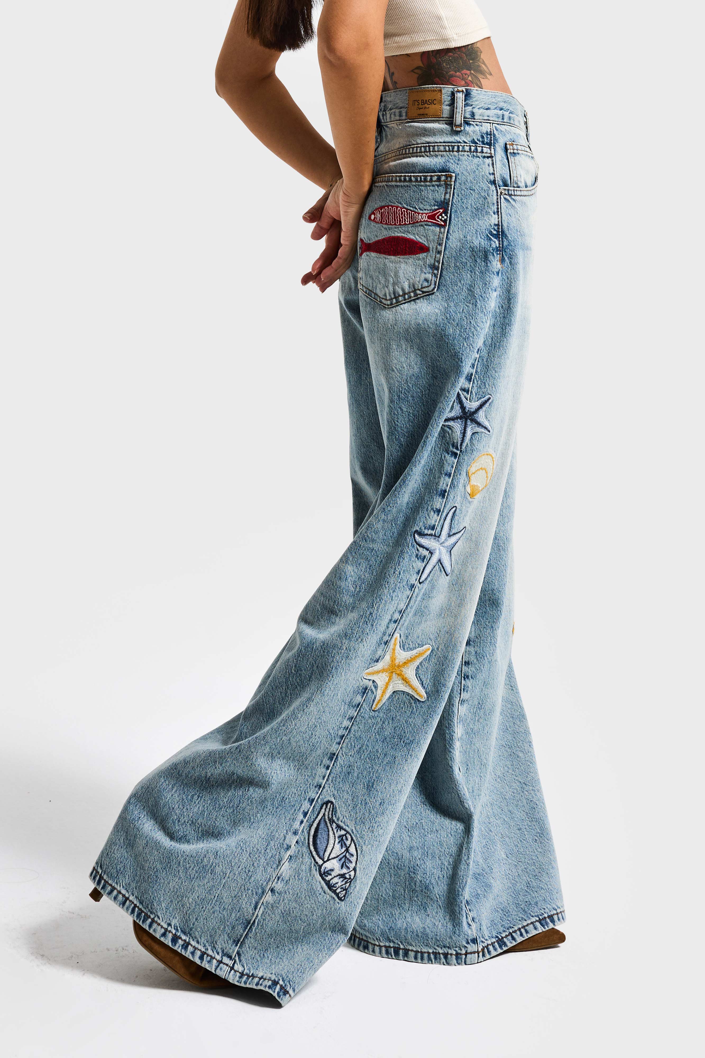 Kadın Kot Rengi 4s6-32 Palazzo Fit Deniz Dünyası Nakışlı Özel Tasarım Denim Jean