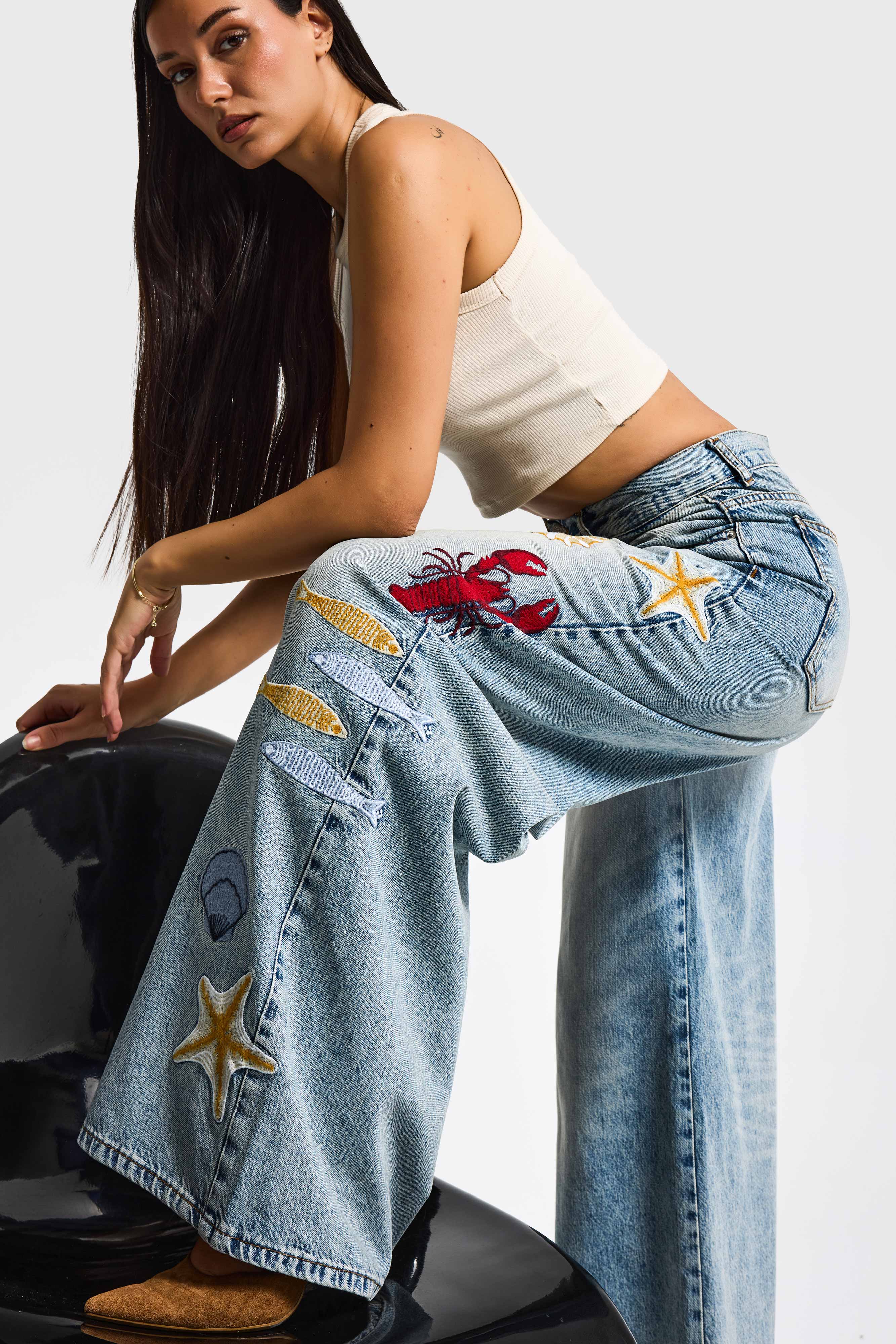 Kadın Kot Rengi 4s6-32 Palazzo Fit Deniz Dünyası Nakışlı Özel Tasarım Denim Jean