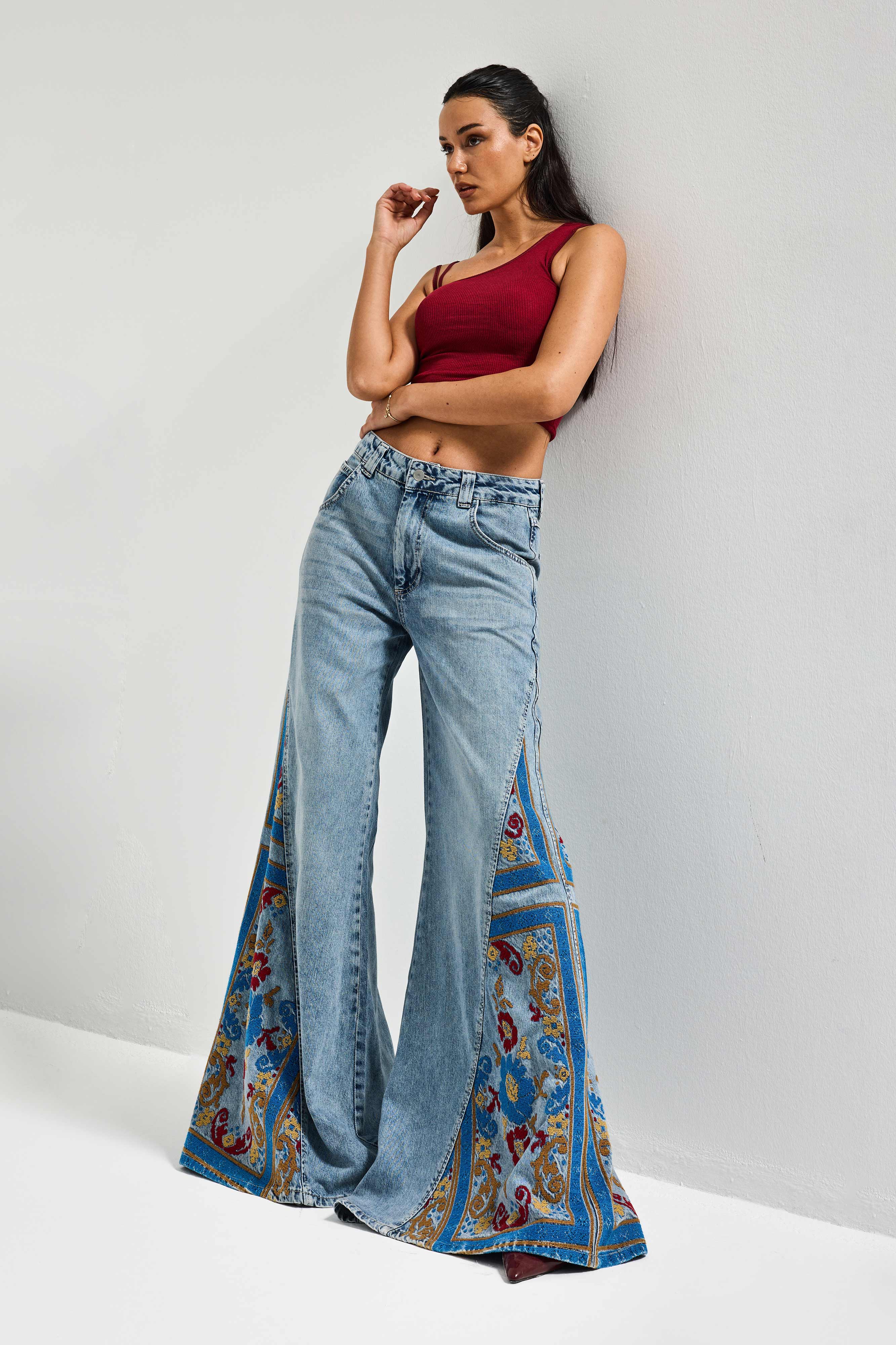 Kadın Kot Rengi 4s6-32 Palazzo Fit Özel Desen Nakışlı Tasarım Denim Jean