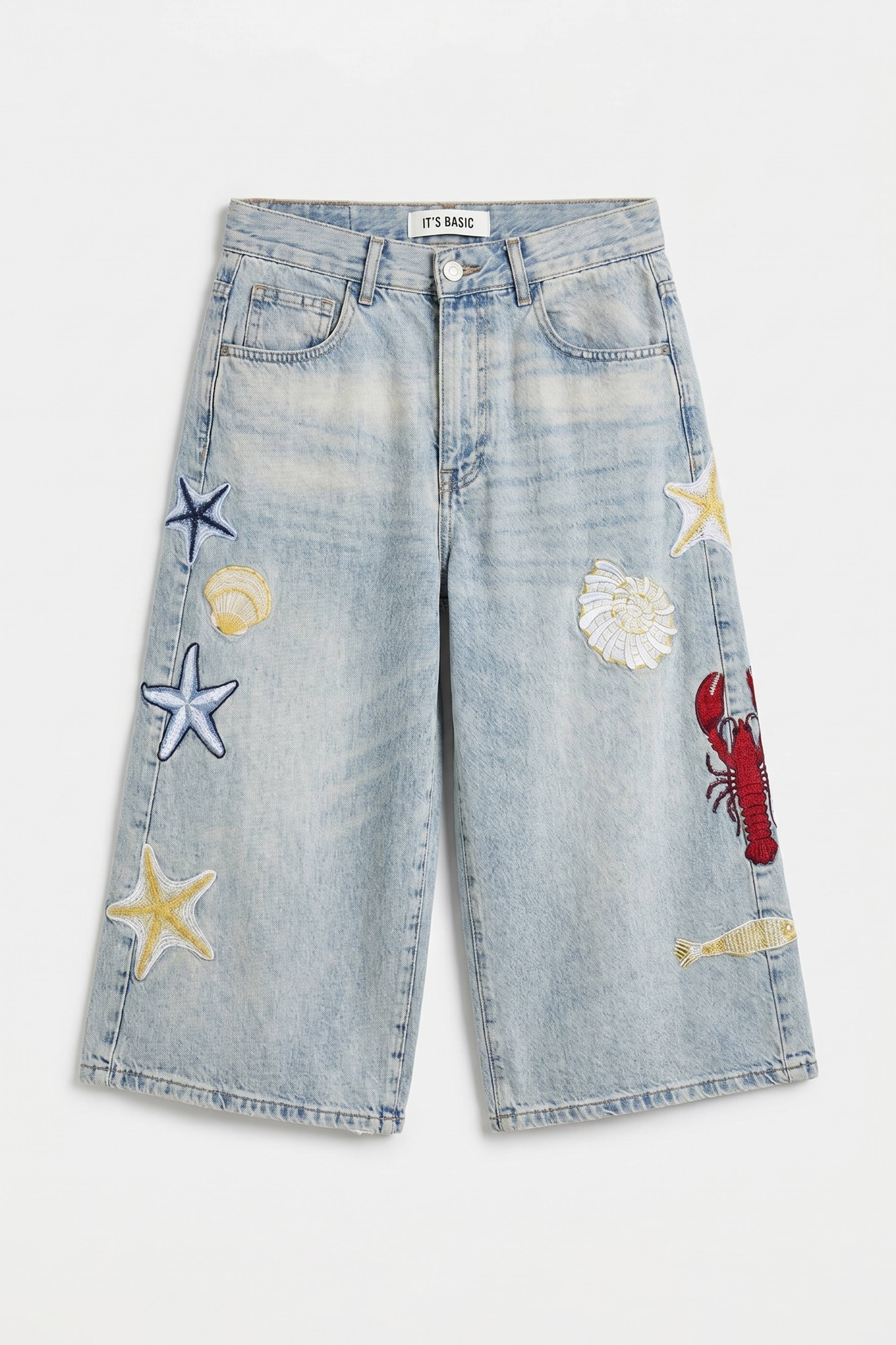 Kadın Kot Rengi 4s6-32 Palazzo Nakış Tasarım Bermuda Denim Jort