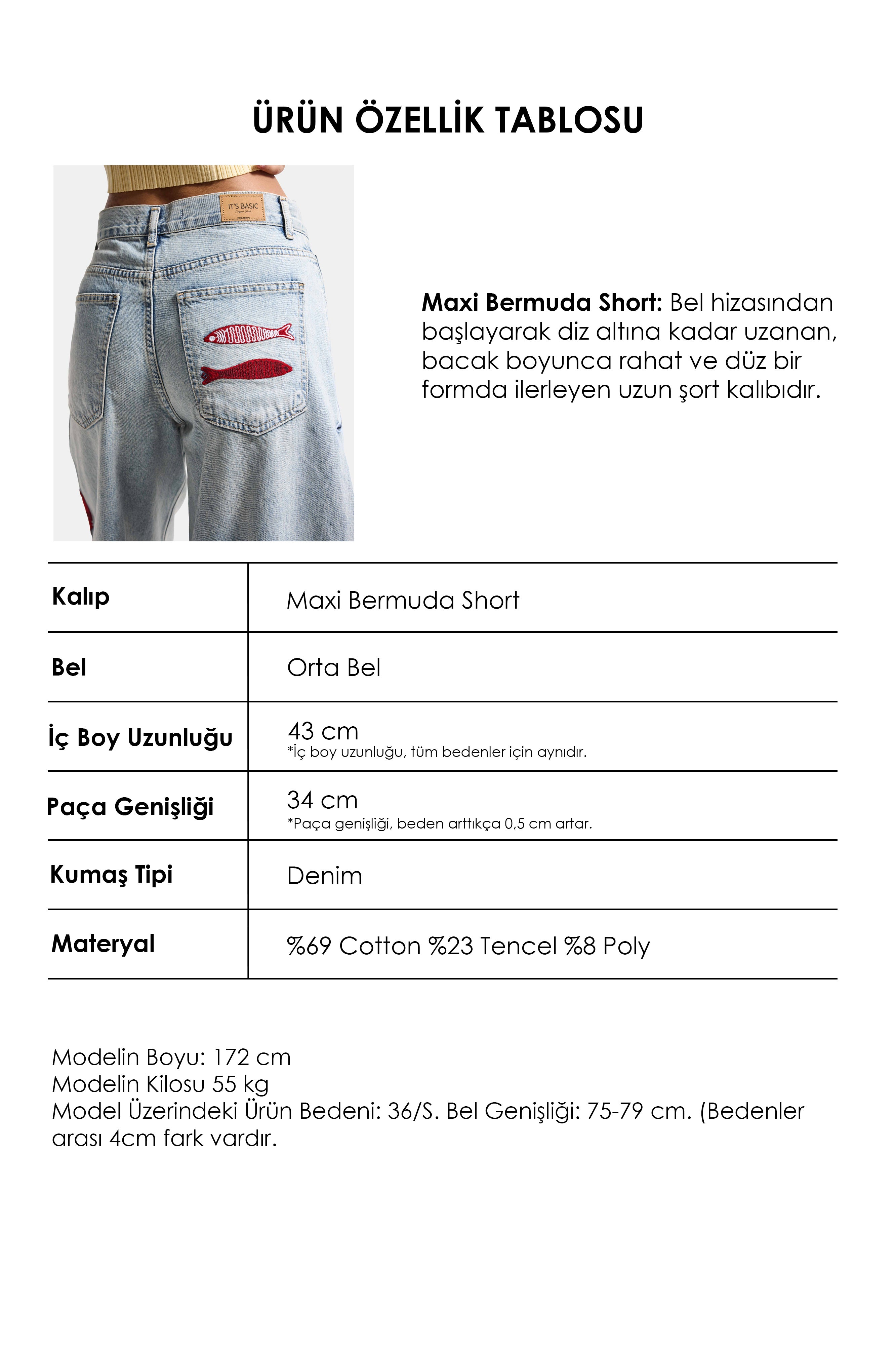 Kadın Kot Rengi 4s6-32 Palazzo Nakış Tasarım Bermuda Denim Jort