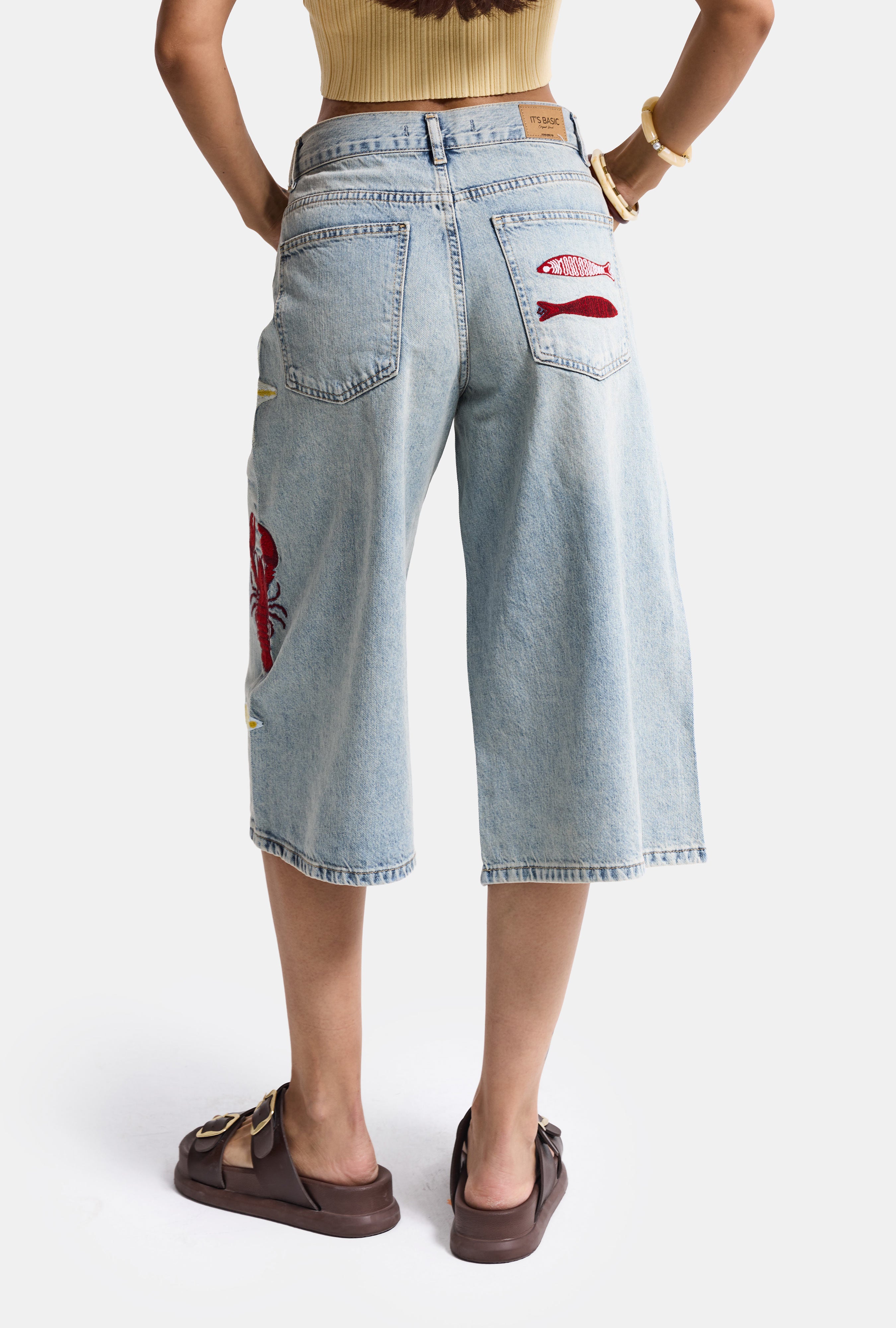 Kadın Kot Rengi 4s6-32 Palazzo Nakış Tasarım Bermuda Denim Jort