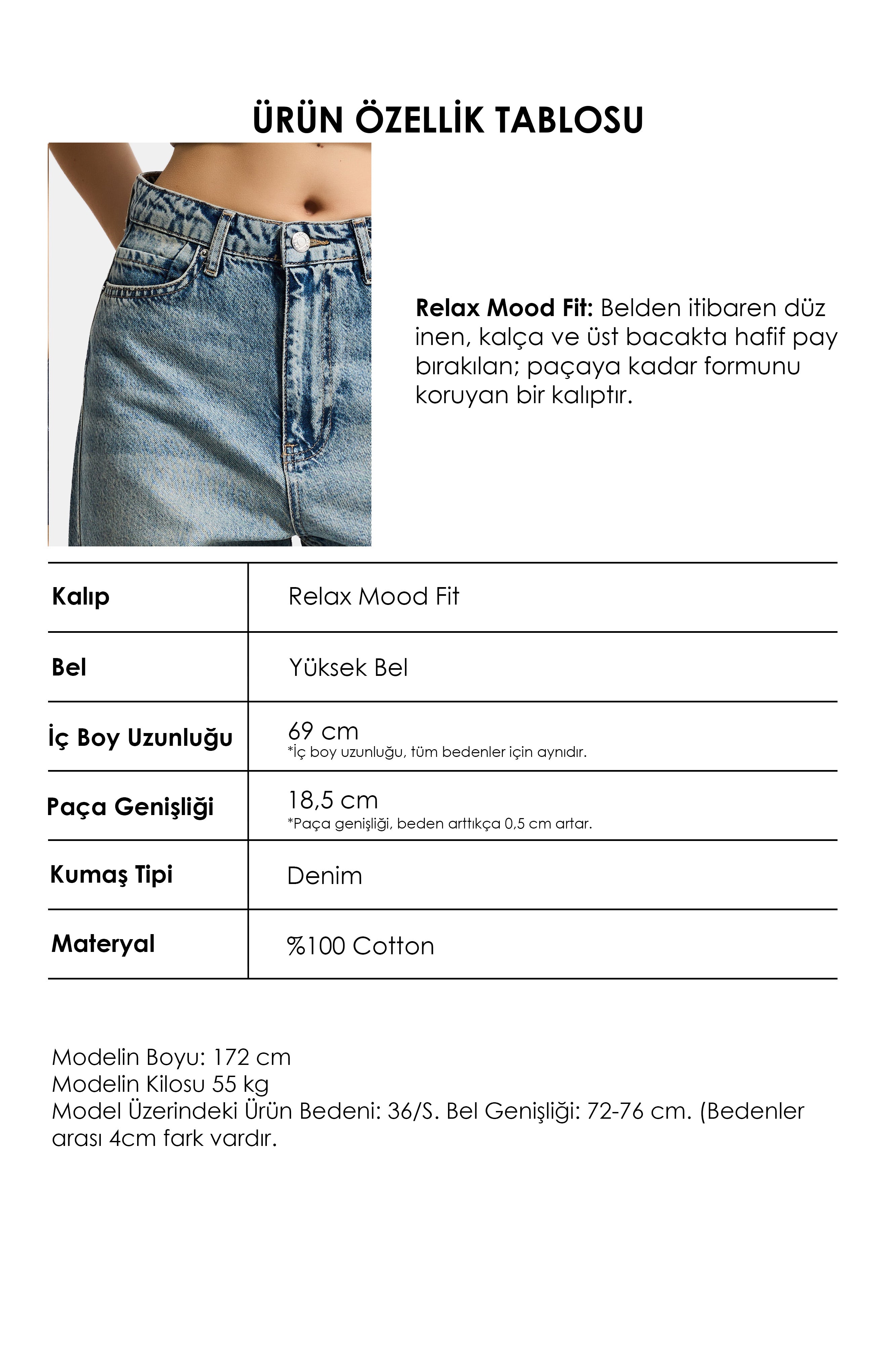 Kadın Kot Rengi 4s6-32 Relax Fit %100 Koton Denim Jean