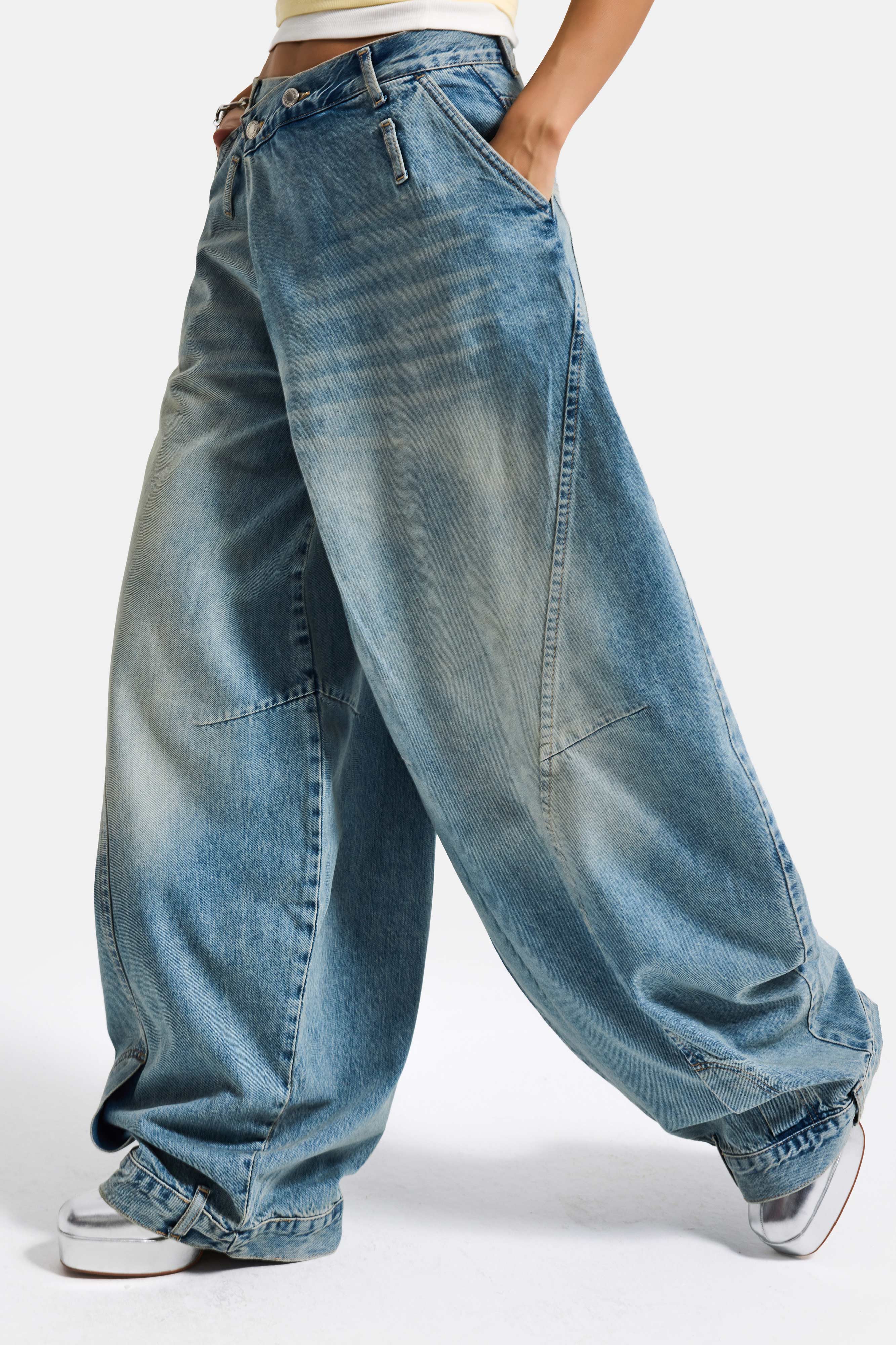 Kadın Kot Rengi 4s6-32 Süper Baggy Fit Kemer Detaylı Özel Tasarım Denim Jean