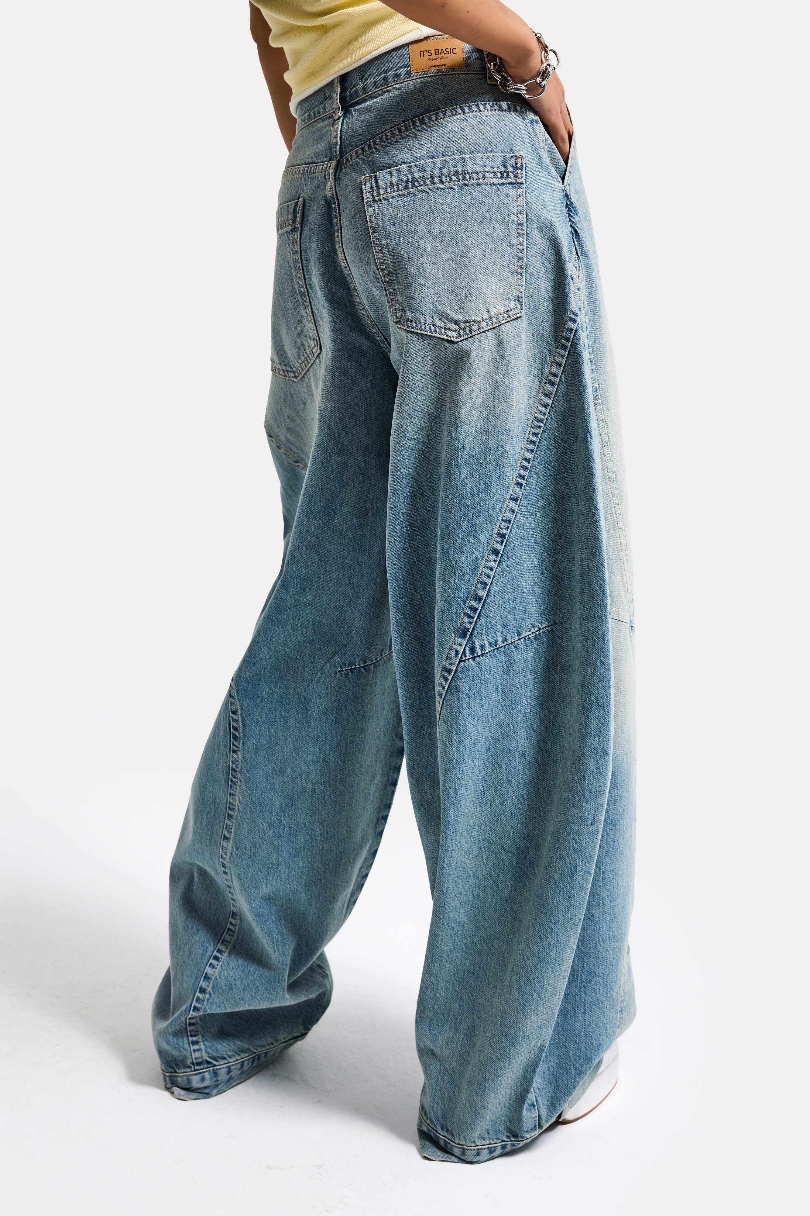 Kadın Kot Rengi 4s6-32 Süper Baggy Fit Kemer Detaylı Özel Tasarım Denim Jean
