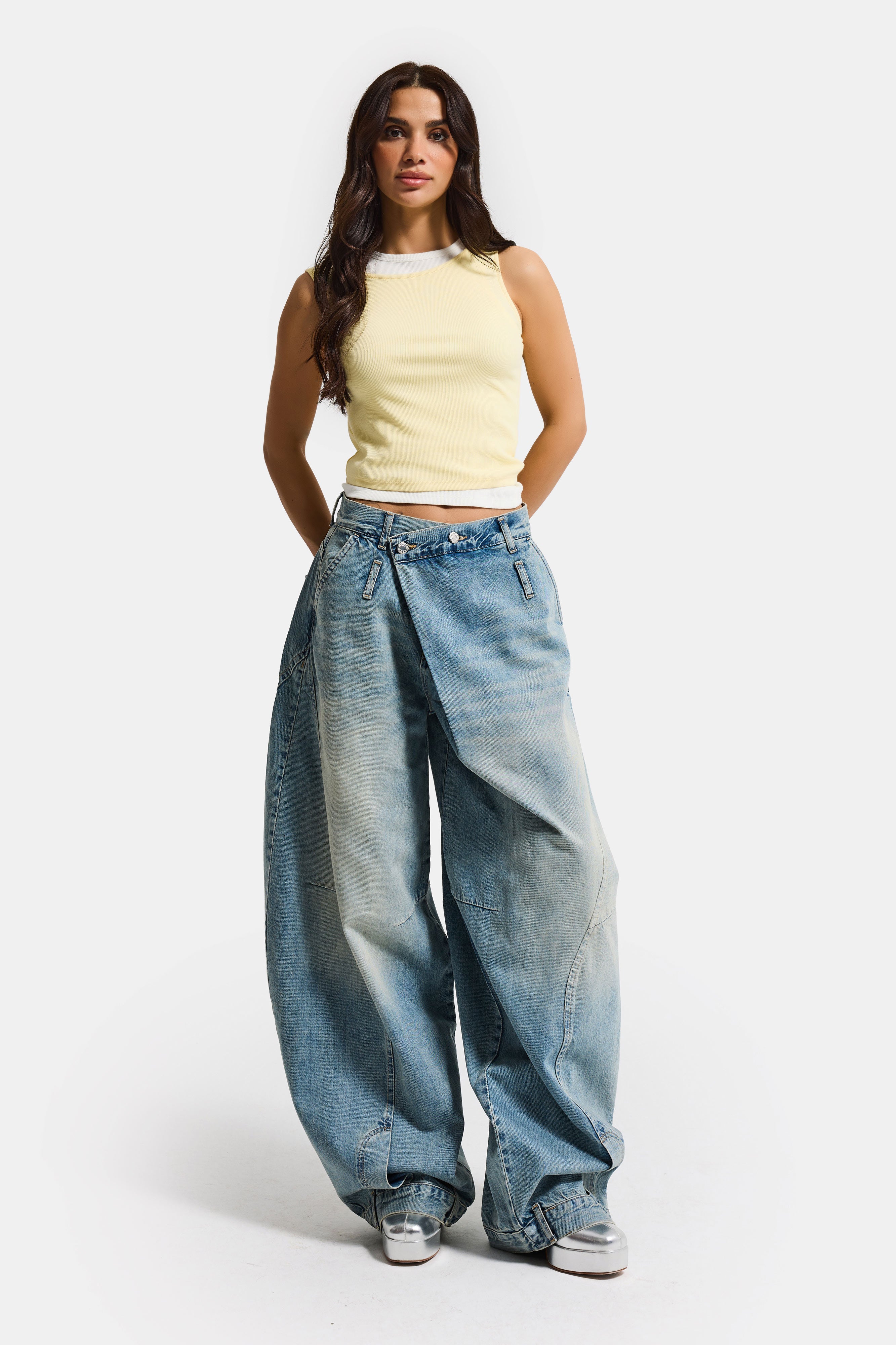 Kadın Kot Rengi 4s6-32 Süper Baggy Fit Kemer Detaylı Özel Tasarım Denim Jean