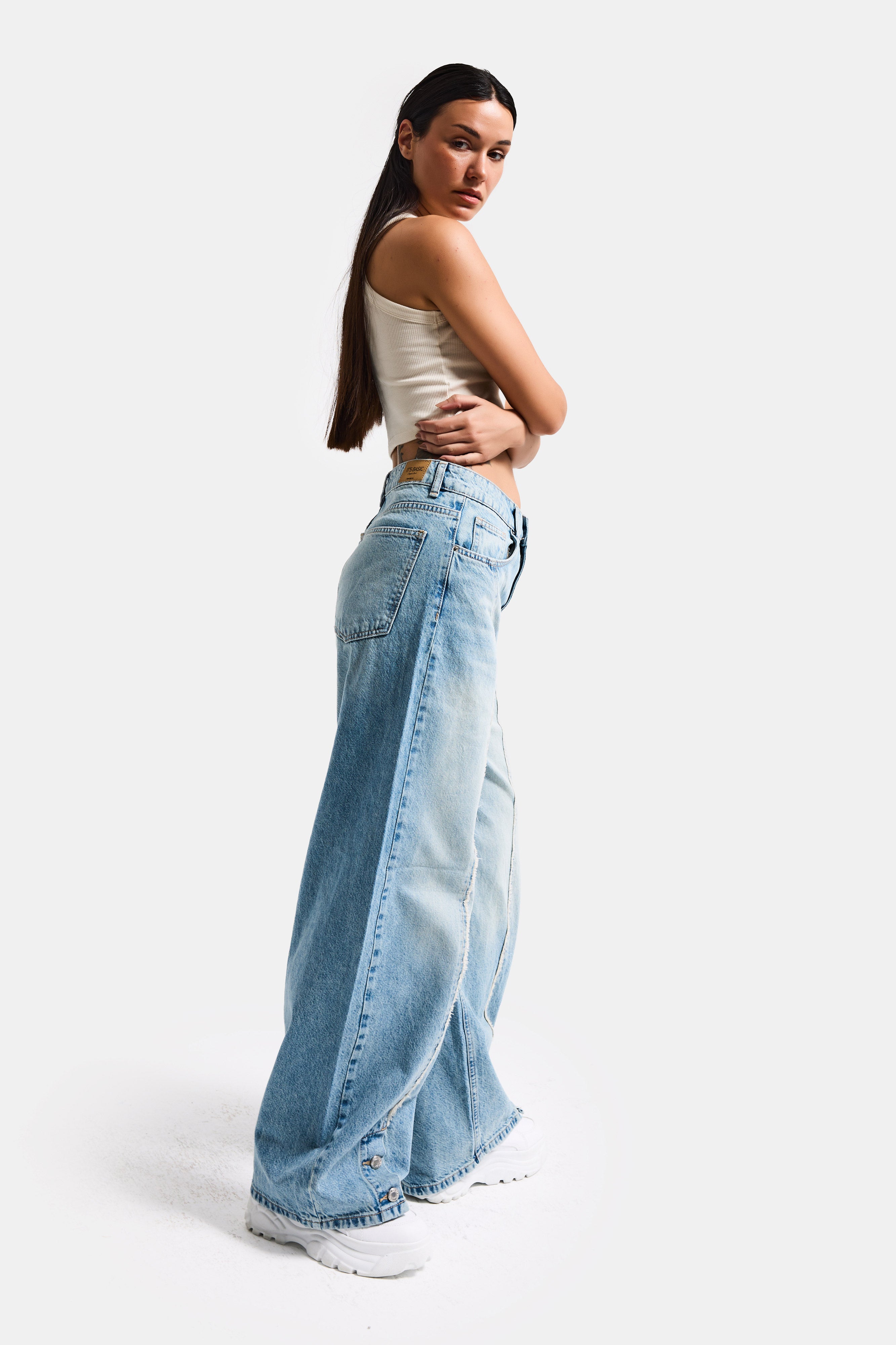 Kadın Kot Rengi 4s6-32 Süper Baggy Fit Paça Detaylı Özel Tasarım Denim Jean