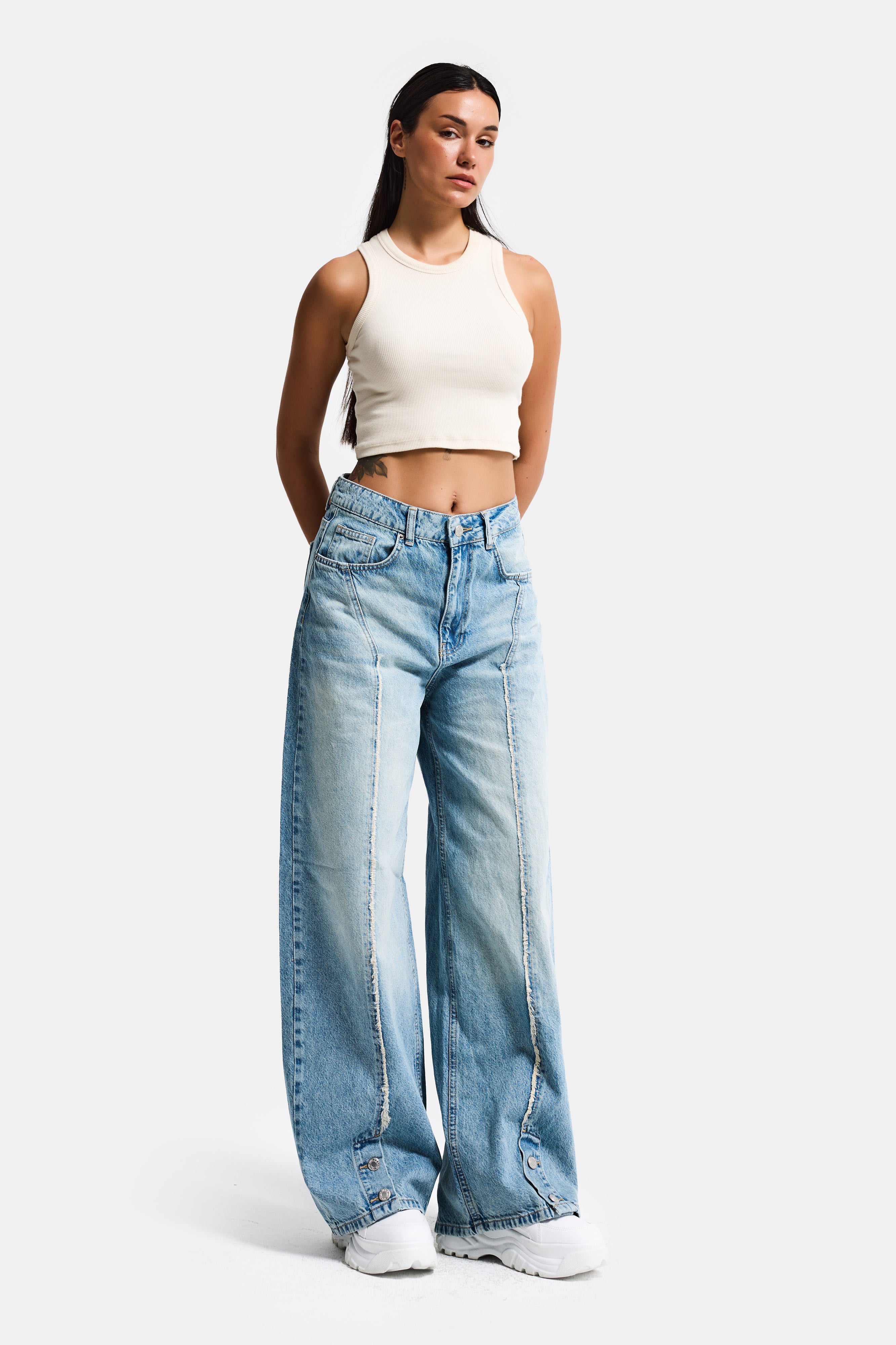 Kadın Kot Rengi 4s6-32 Süper Baggy Fit Paça Detaylı Özel Tasarım Denim Jean