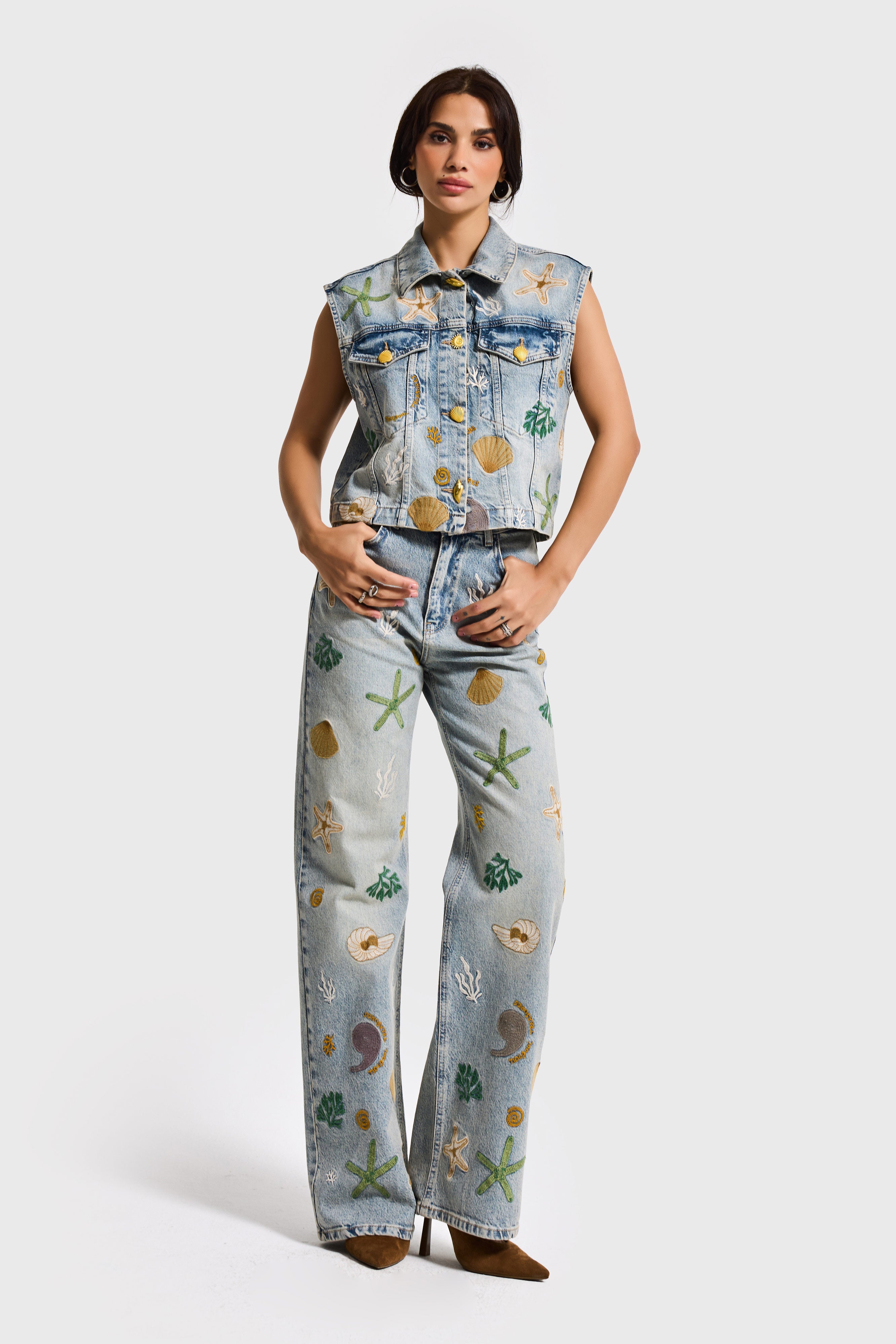 Kadın Kot Rengi 4s6-65 Düz Kesim Özel Desen Nakışlı Tasarım Denim Yelek