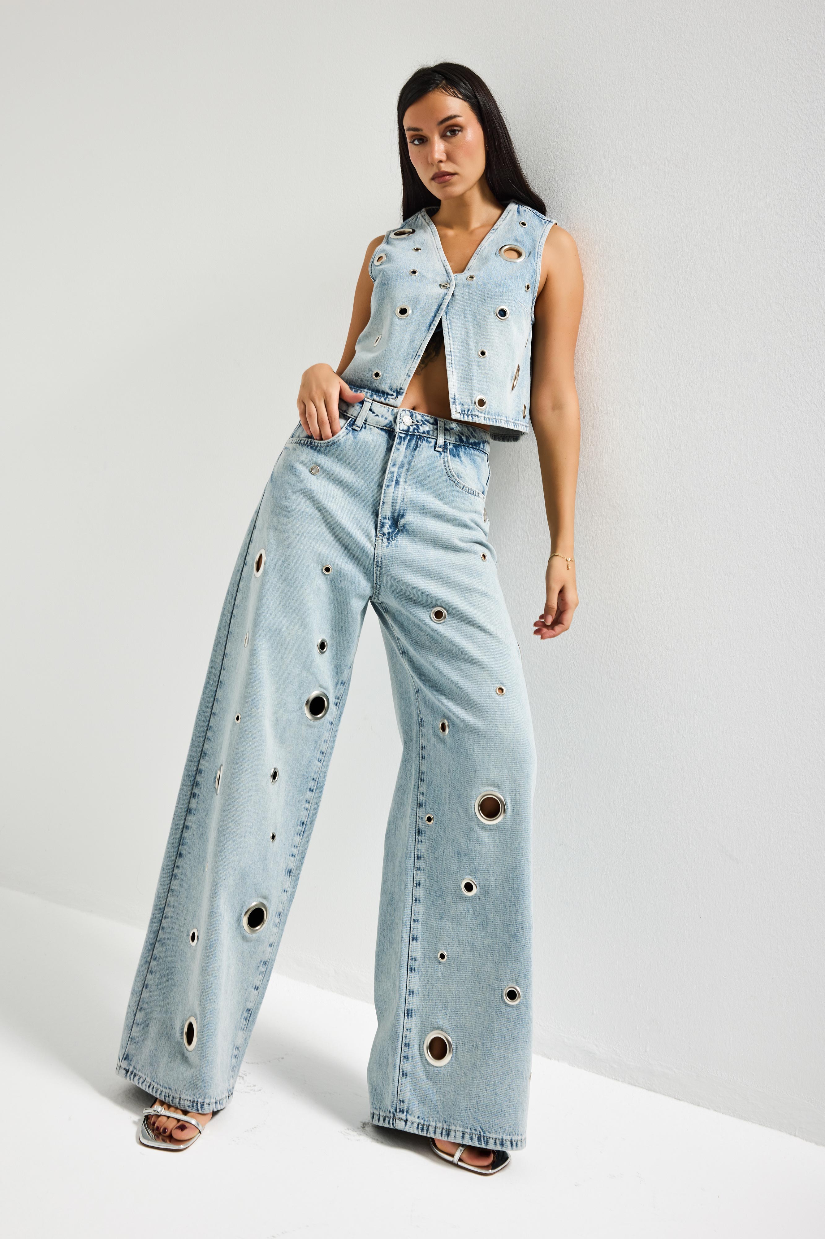 Kadın Kot Rengi 4s6-65 Rahat Kesim Kuş Gözü Detaylı Tasarım Sıfır Kol Denim Yelek