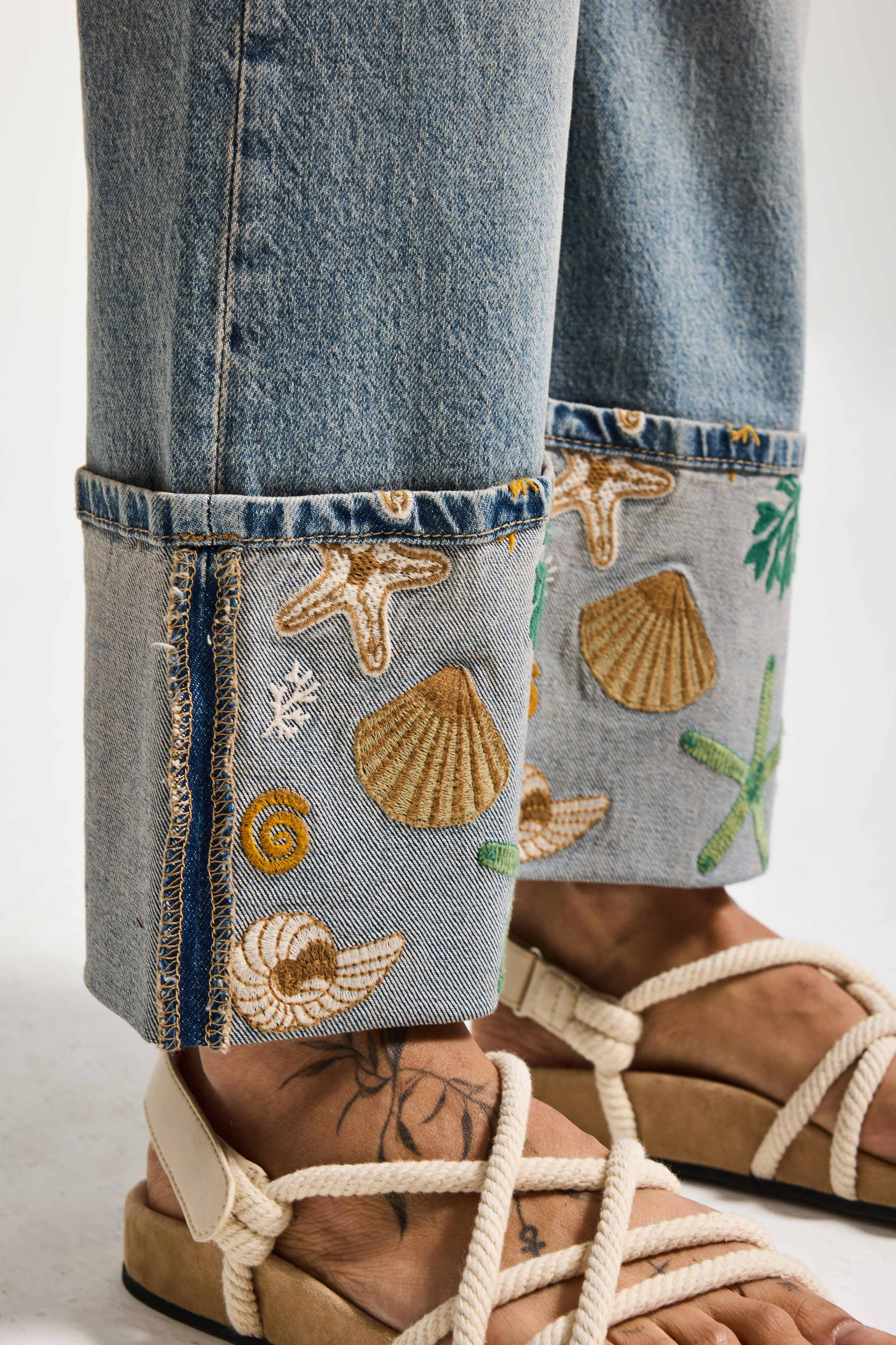 Kadın Kot Rengi 4s6-65 Straight Fit Corn Turn Up Elastan Kumaş Paça Nakışlı Tasarım Denim Jean