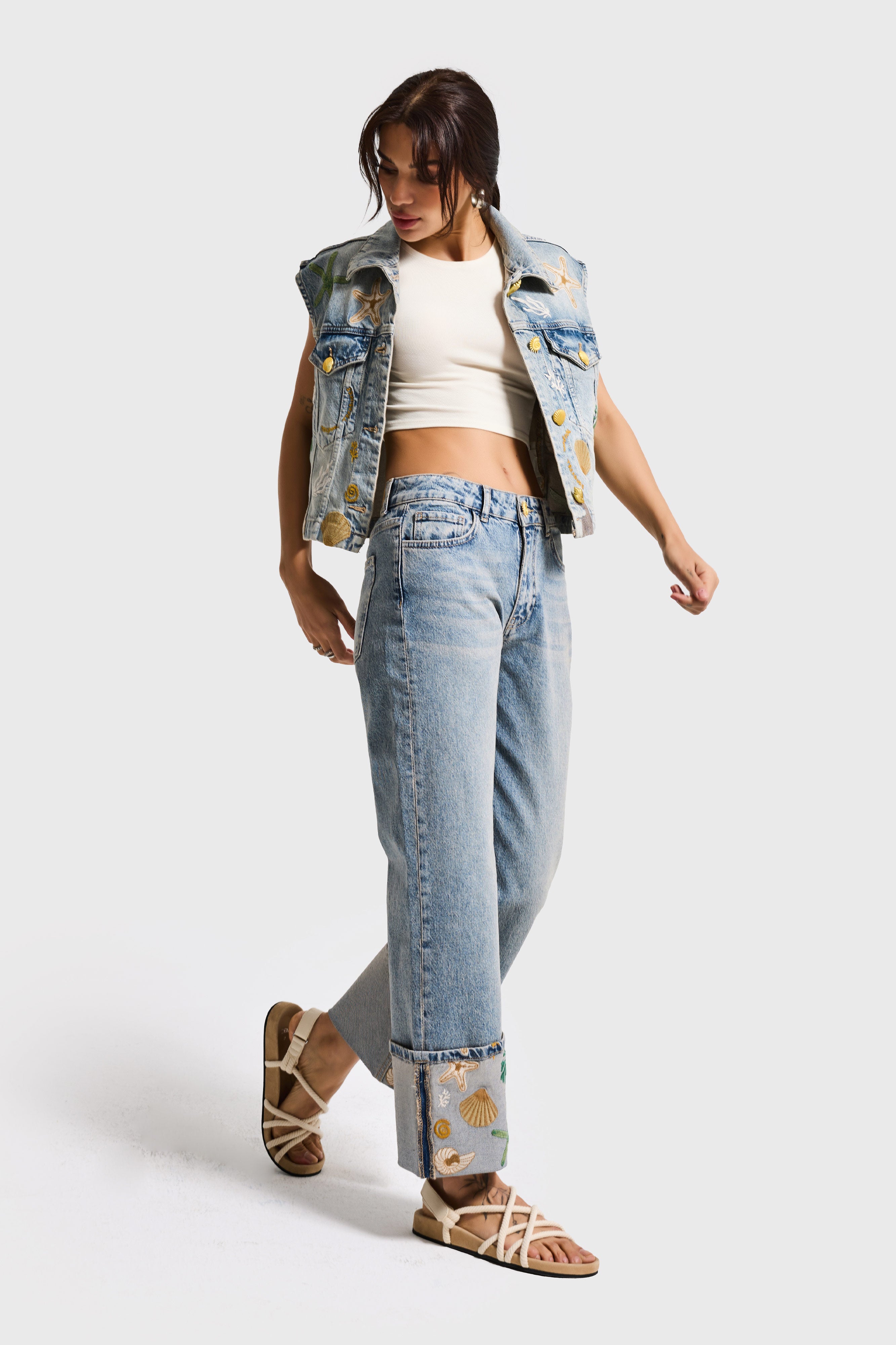 Kadın Kot Rengi 4s6-65 Straight Fit Corn Turn Up Elastan Kumaş Paça Nakışlı Tasarım Denim Jean