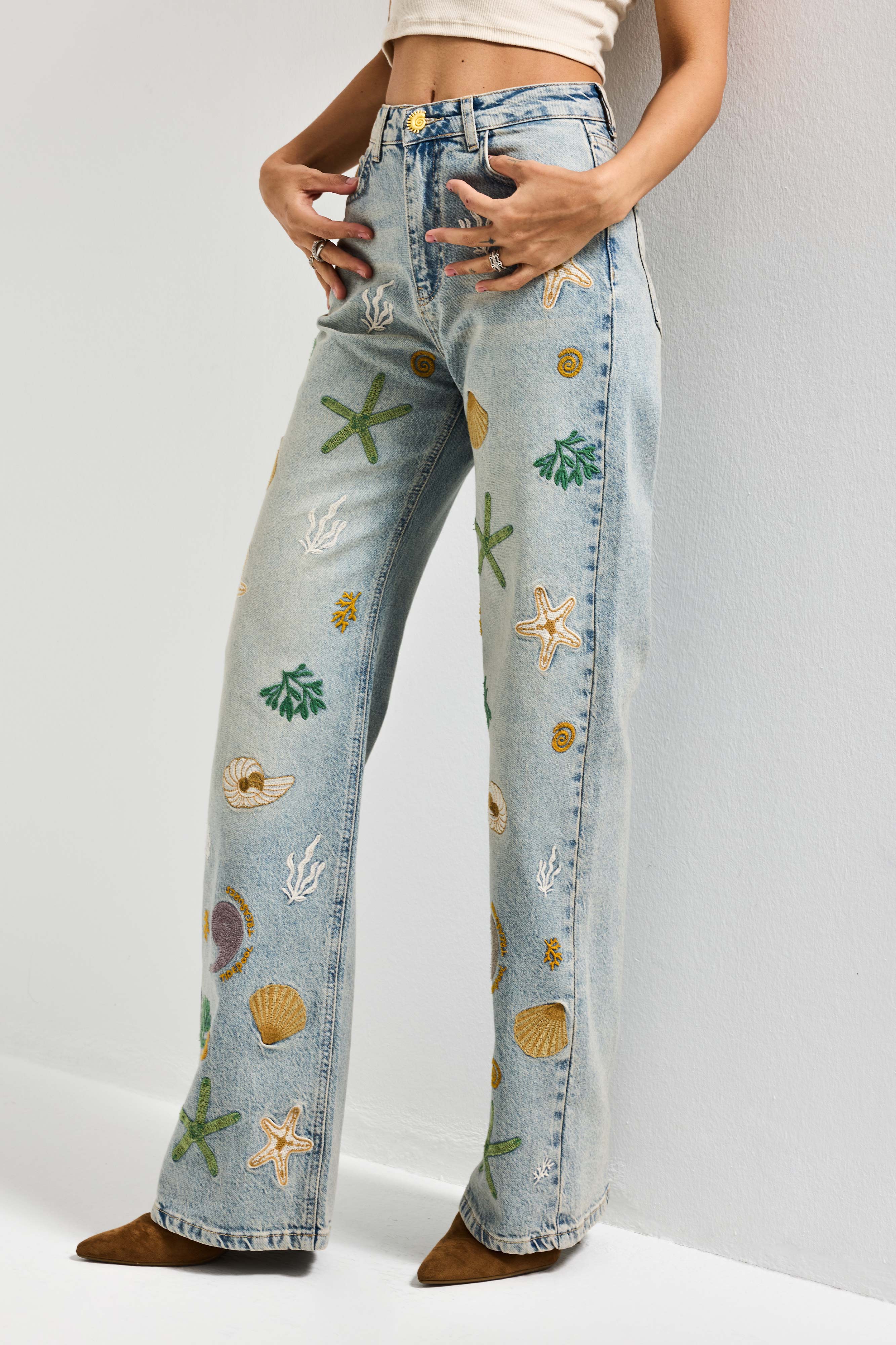 Kadın Kot Rengi 4s6-65 Straight Fit Elastan Kumaş Özel Desen Nakışlı Tasarım Denim Jean