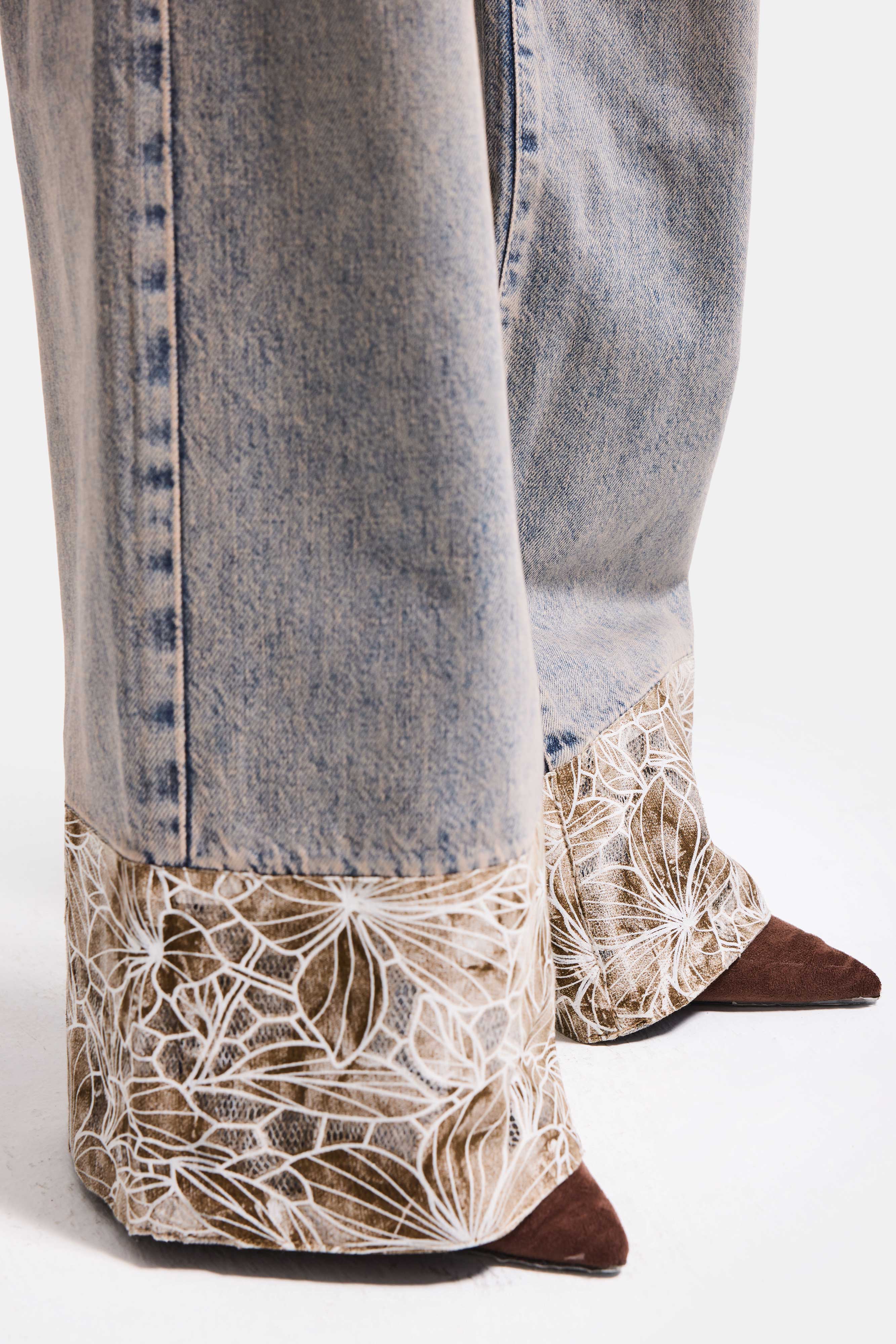 Kadın Kot Rengi 4s6-65 Wide Leg Fit Paça Dantel Detaylı Özel Tasarım denim Jean