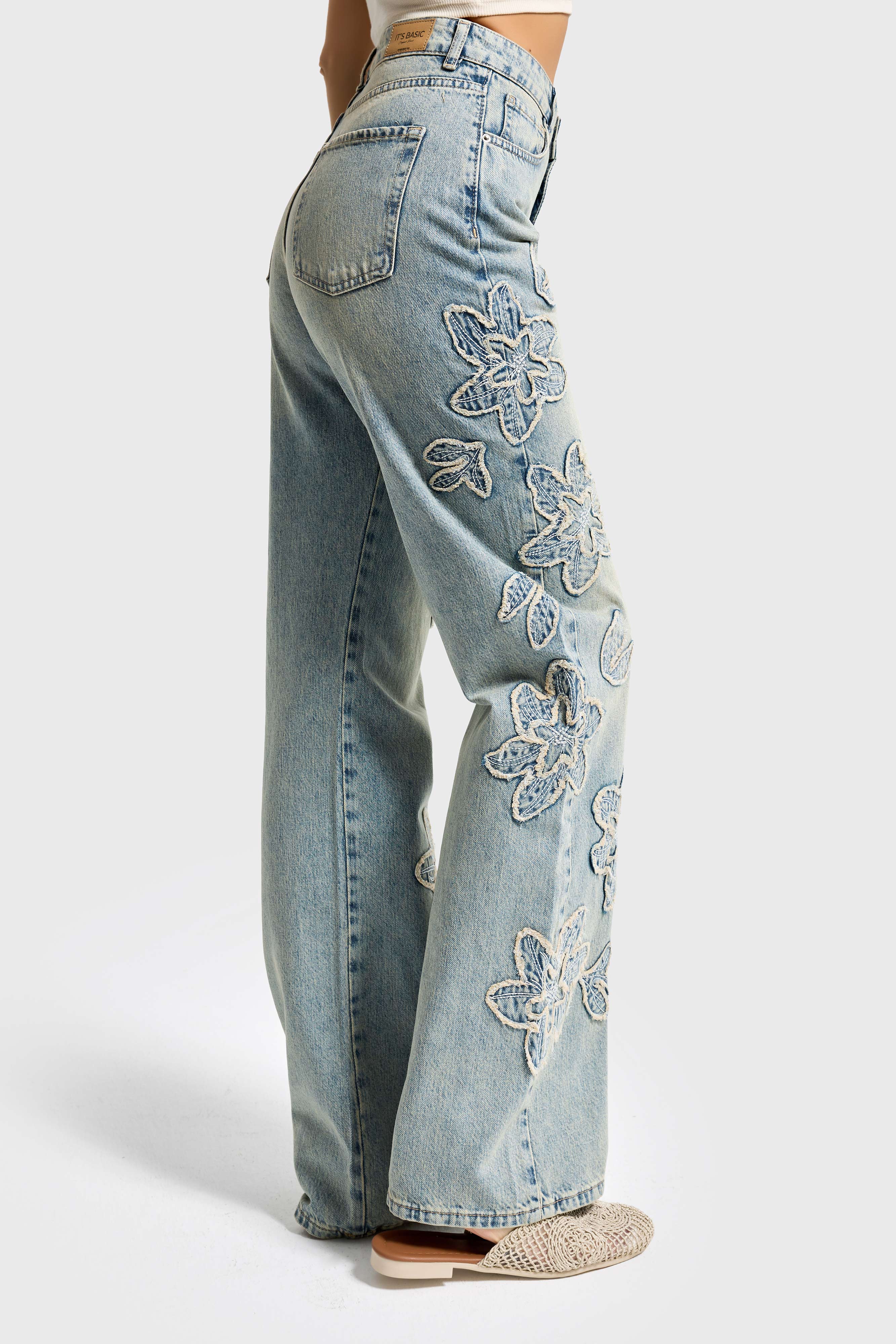 Kadın Kot Rengi 4s6-67 Straight Fit Yüksek Bel Nakış Detaylı Özel Tasarım Denim Jean