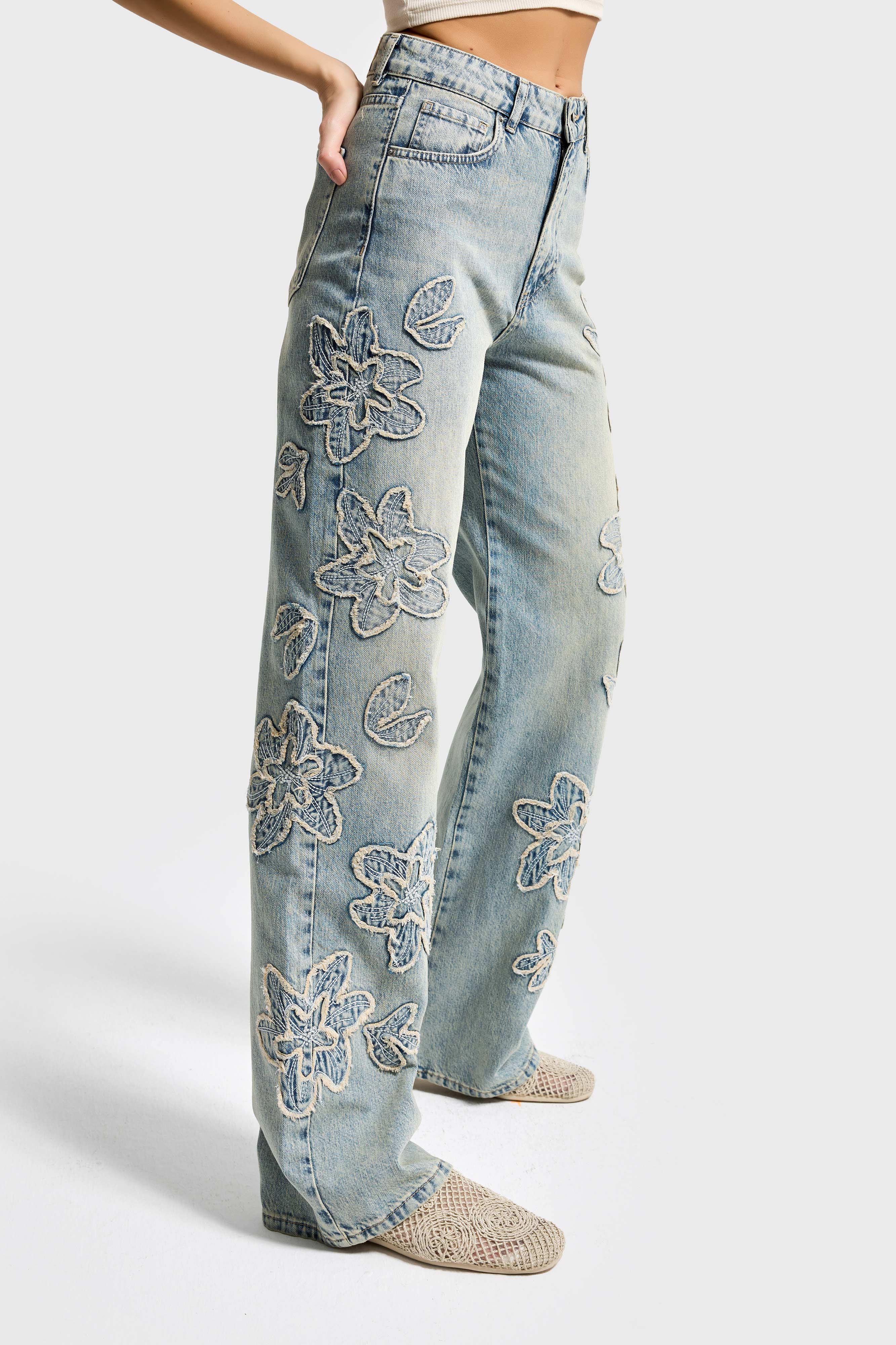 Kadın Kot Rengi 4s6-67 Straight Fit Yüksek Bel Nakış Detaylı Özel Tasarım Denim Jean