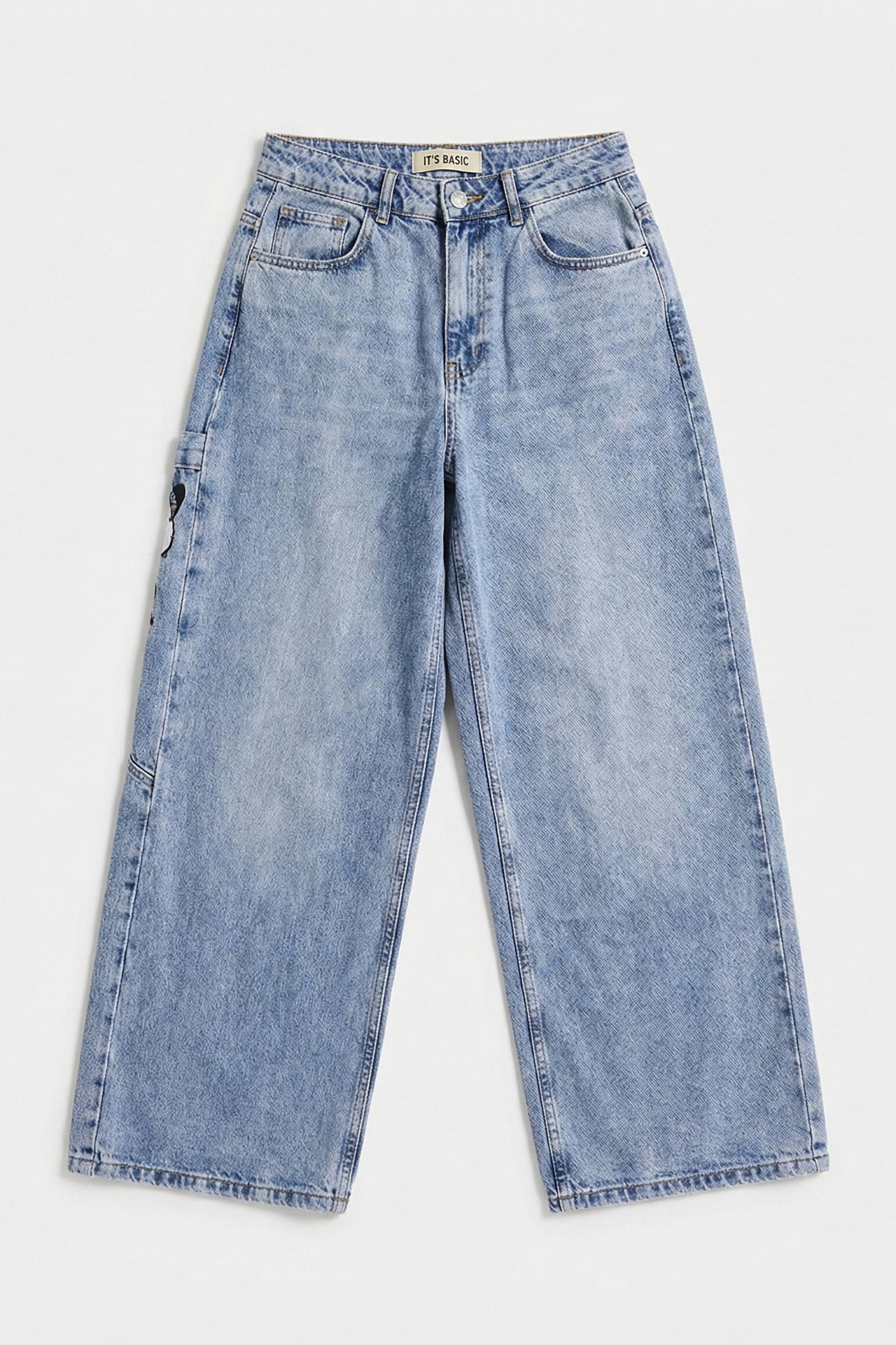 Kadın Kot Rengi 4s6-89 Mega Baggy Fit Nakış Detaylı Özel Tasarım Denim Jean