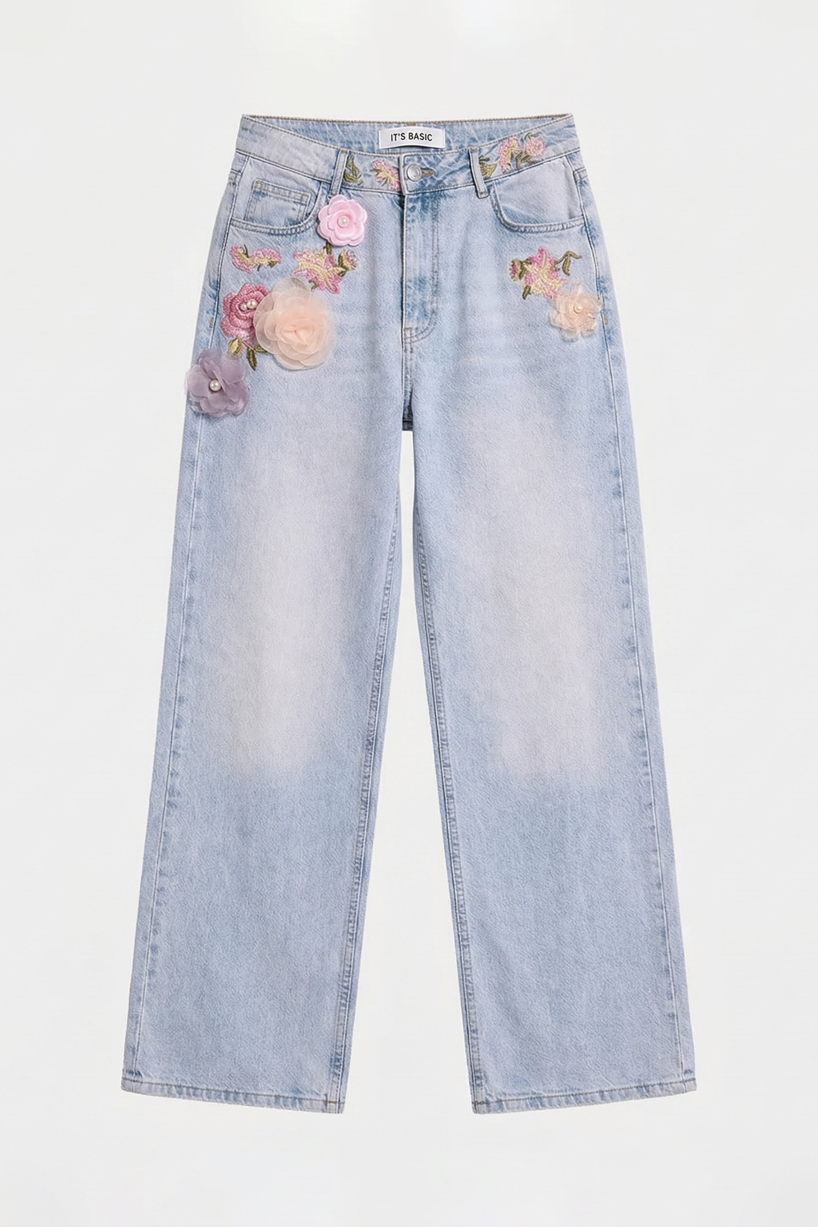 Women's Jeans Denim Blue 4s6-89 Straight Fit Rose and Embroidery Detailed Special Design Denim Jean