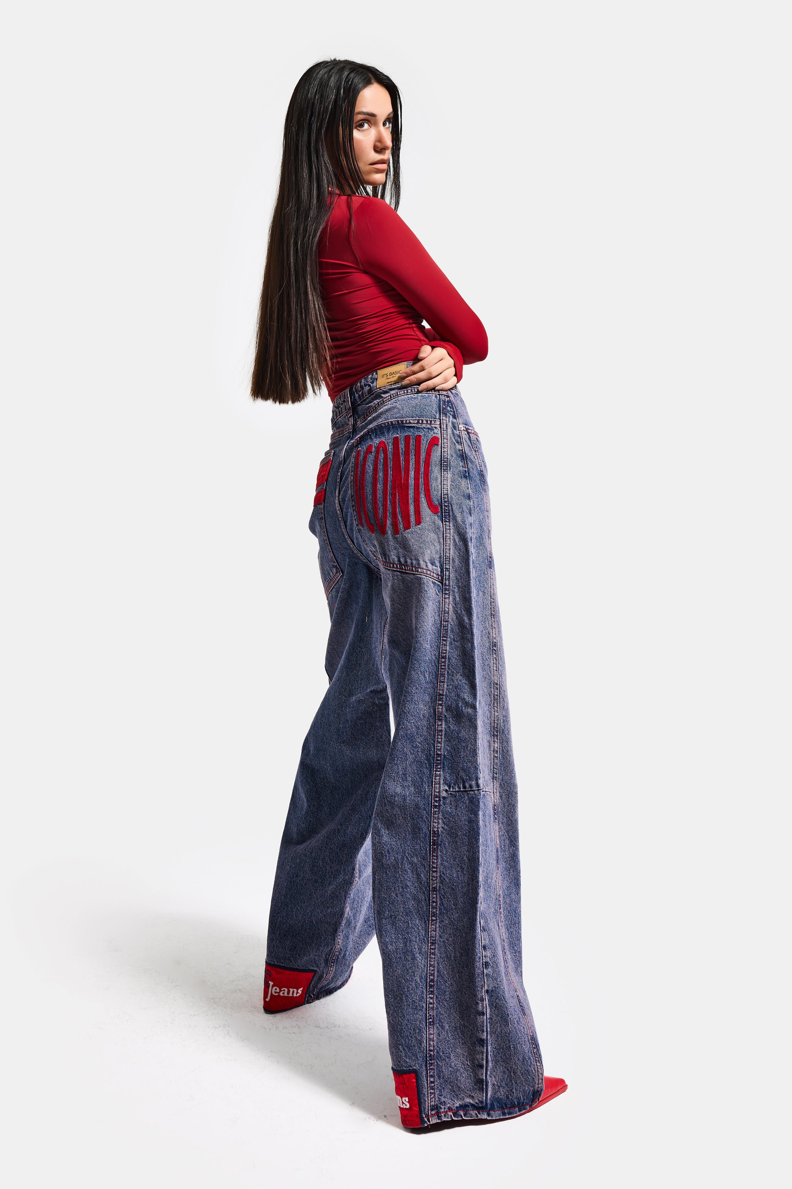 Kadın Kot Rengi 4s6-98 Mega Baggy Fit Paça ve Cep Detaylı Özel Tasarım Denim Jean