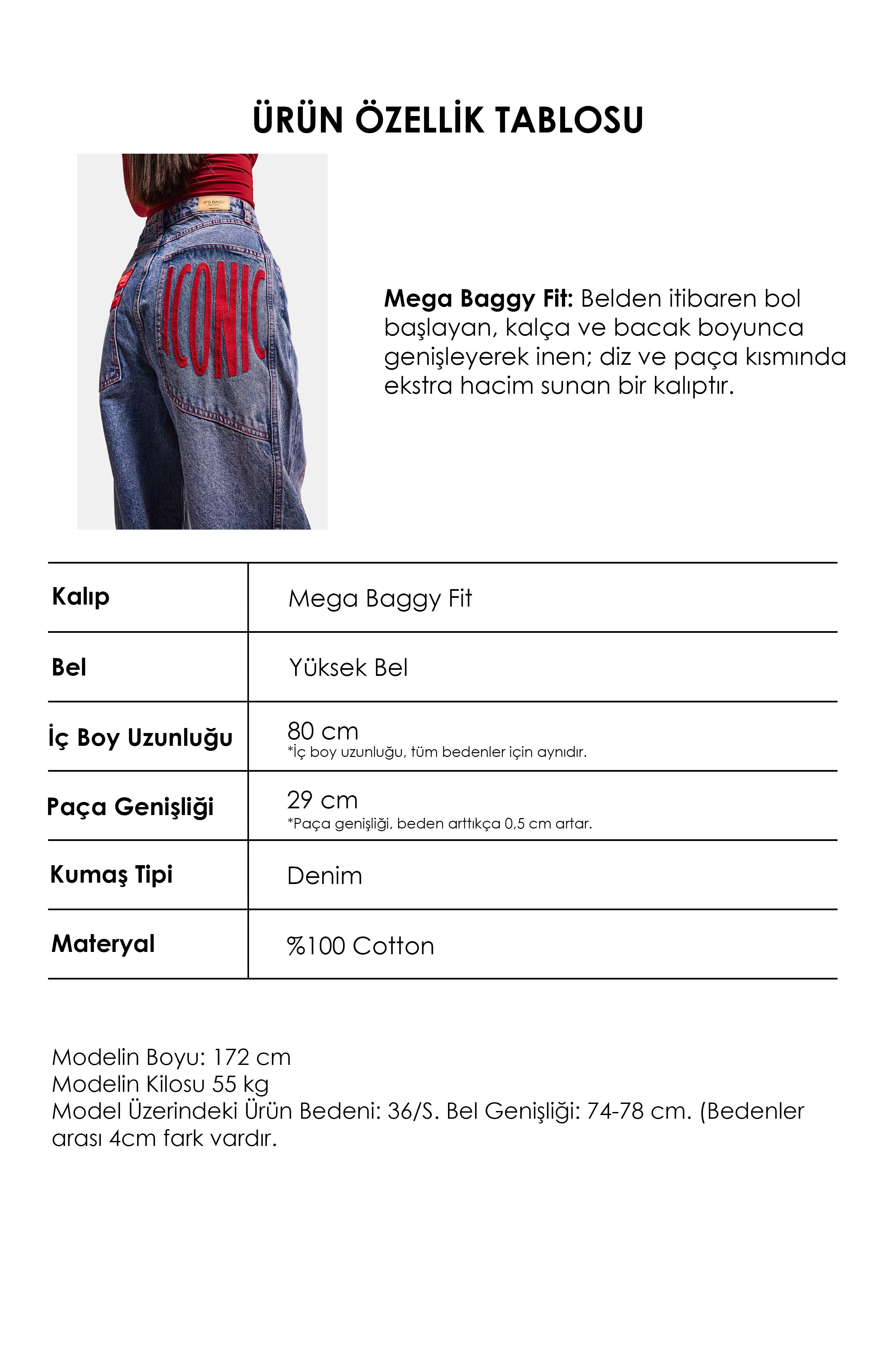 Kadın Kot Rengi 4s6-98 Mega Baggy Fit Paça ve Cep Detaylı Özel Tasarım Denim Jean