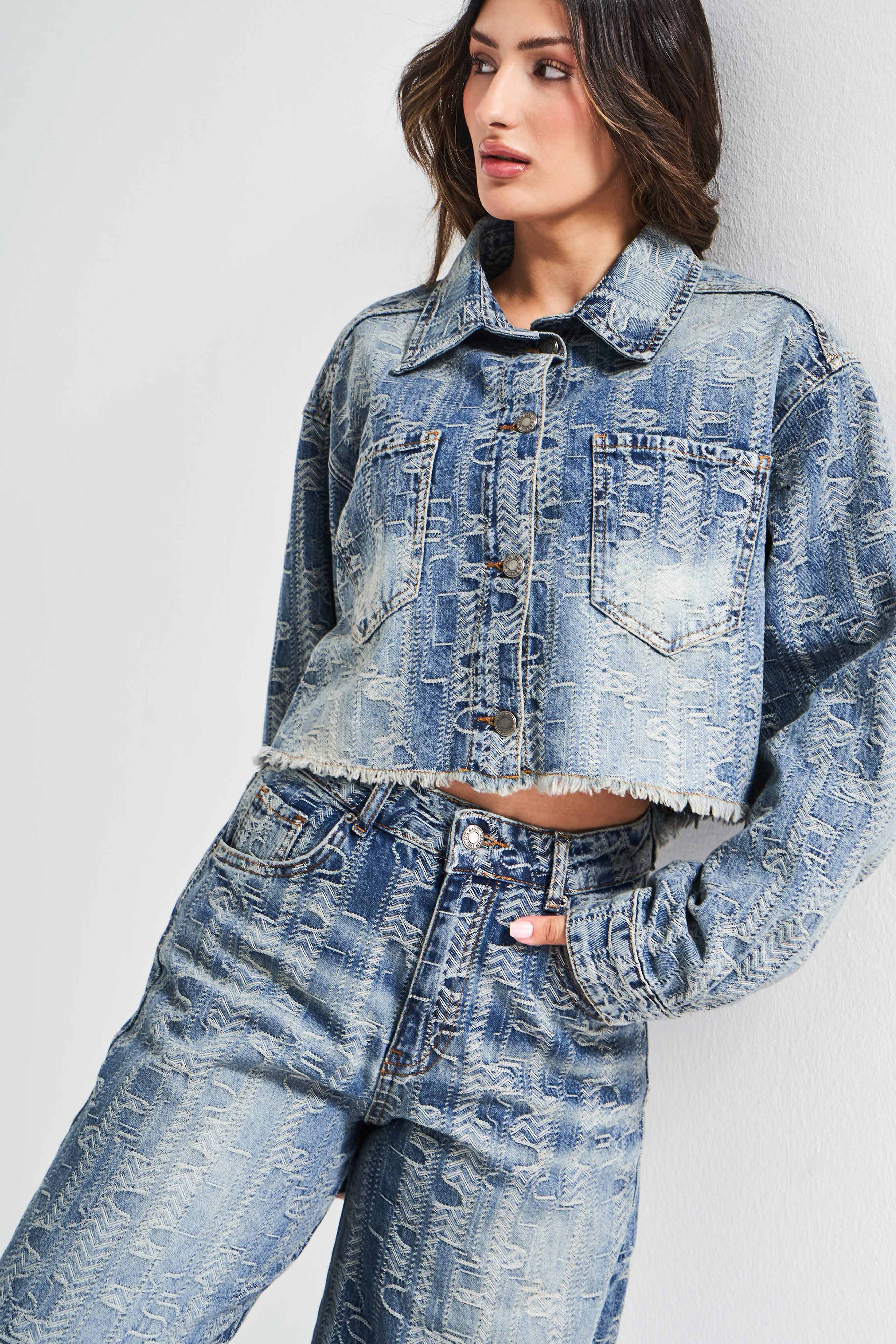 Kadın Kot Rengi 4w5-32 Crop Straight Fit Özel Kumaş Tasarım Denim Ceket