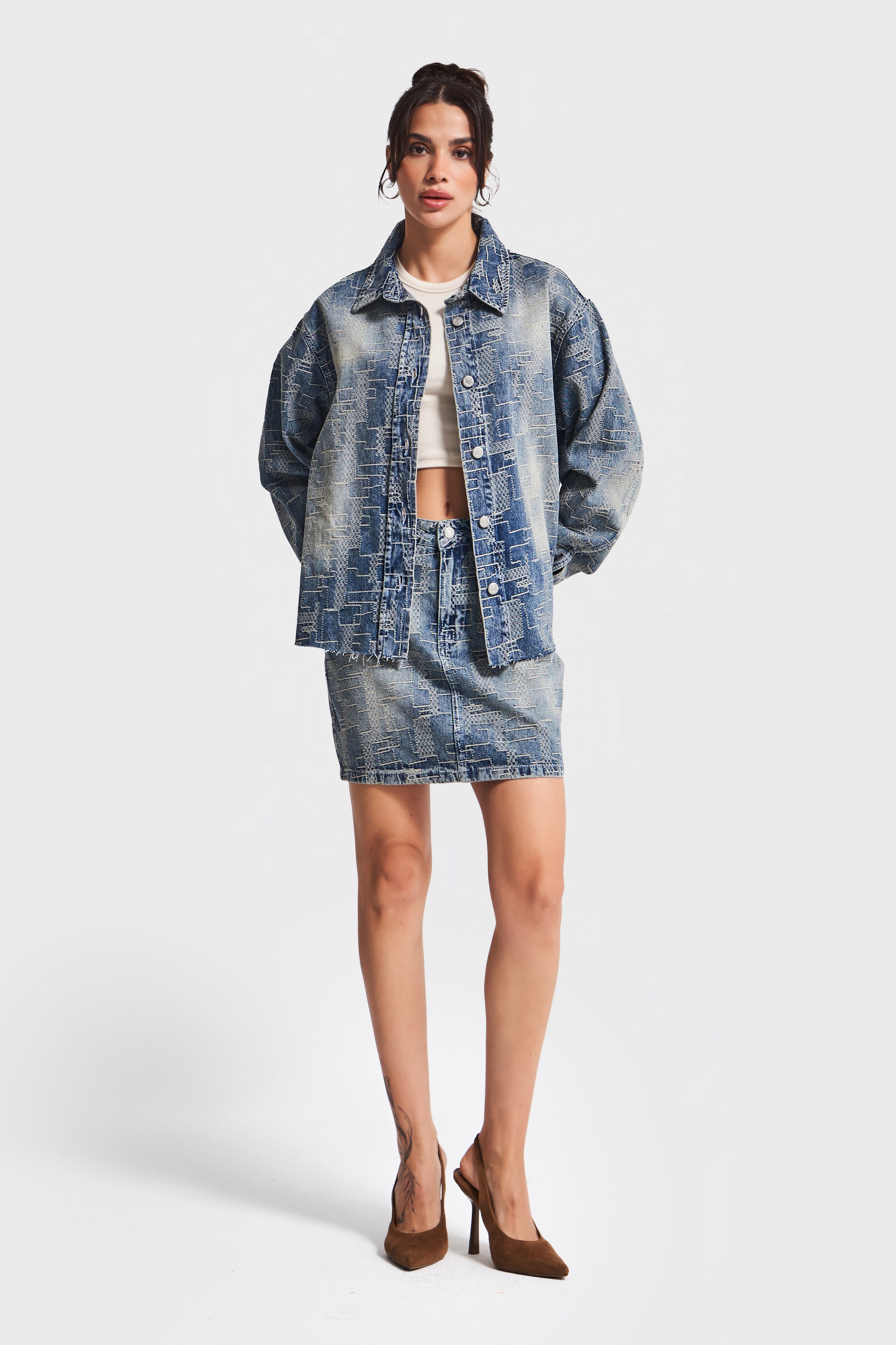 Kadın Kot Rengi 4w5-32 Oversize Özel Kumaş Bol Kesim Tasarım Denim Ceket
