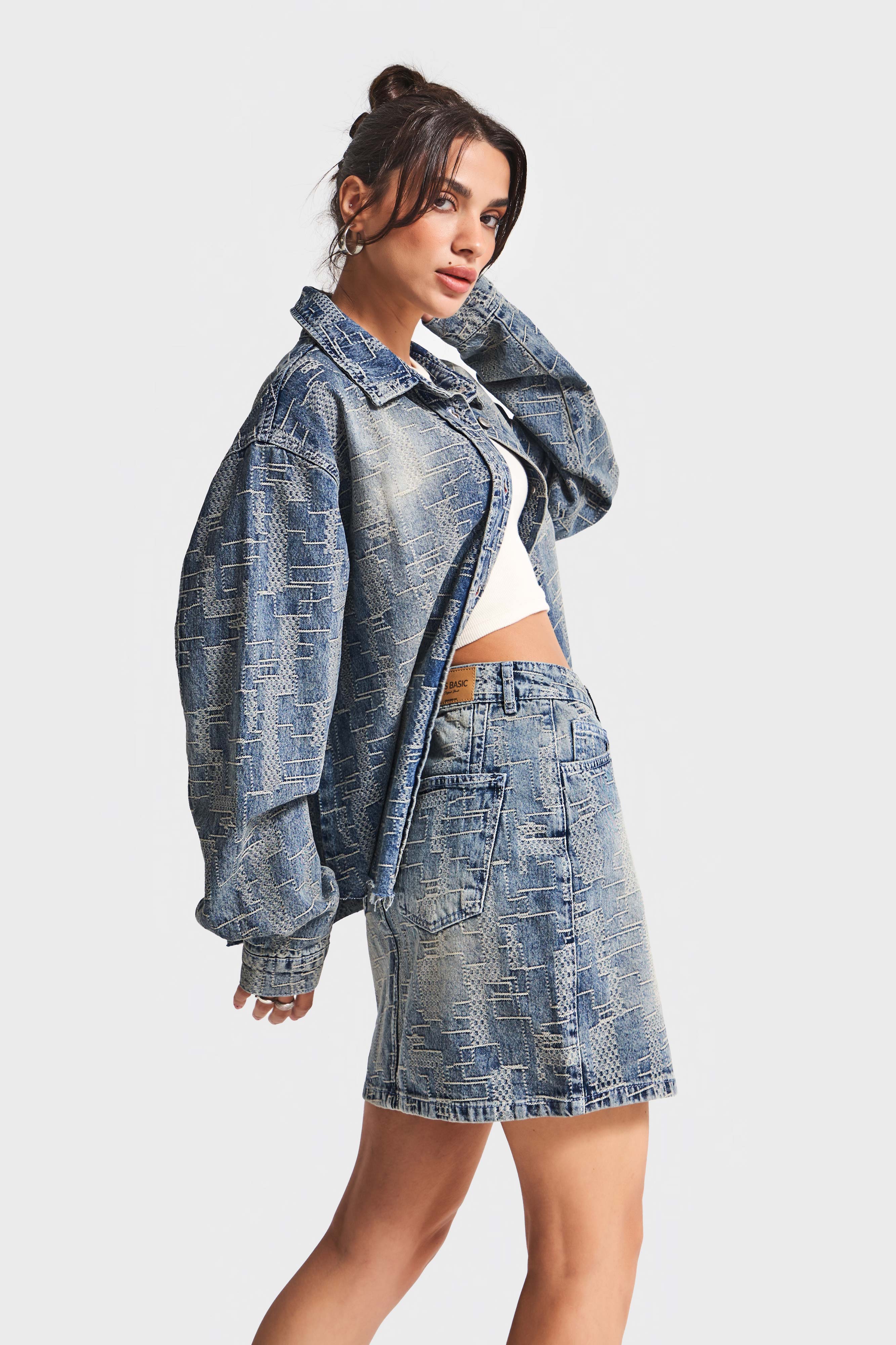 Kadın Kot Rengi 4w5-32 Özel Kumaş Mini Boy Tasarım Denim Etek